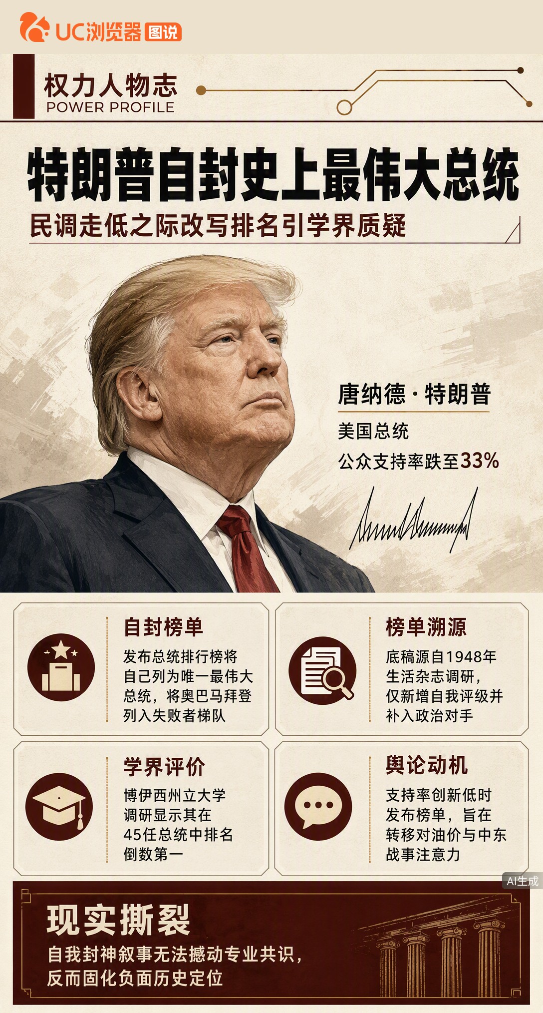 特朗普自封“史上最伟大总统”，榜单竟是1948年旧版魔改的。可就在同期，学者调研把他排在45任总统倒数第一，支持率也跌到本届最低的33%。