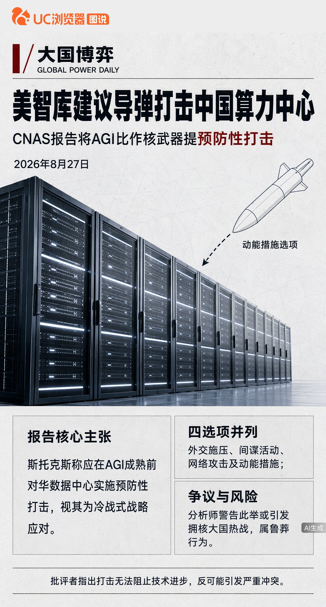 美智库CNAS报告竟建议导弹打击中国AI数据中心，称要趁AGI未成先动手。但这只是智库提议非政府决策，美专家也批此举极其鲁莽，恐引发拥核大国热战。