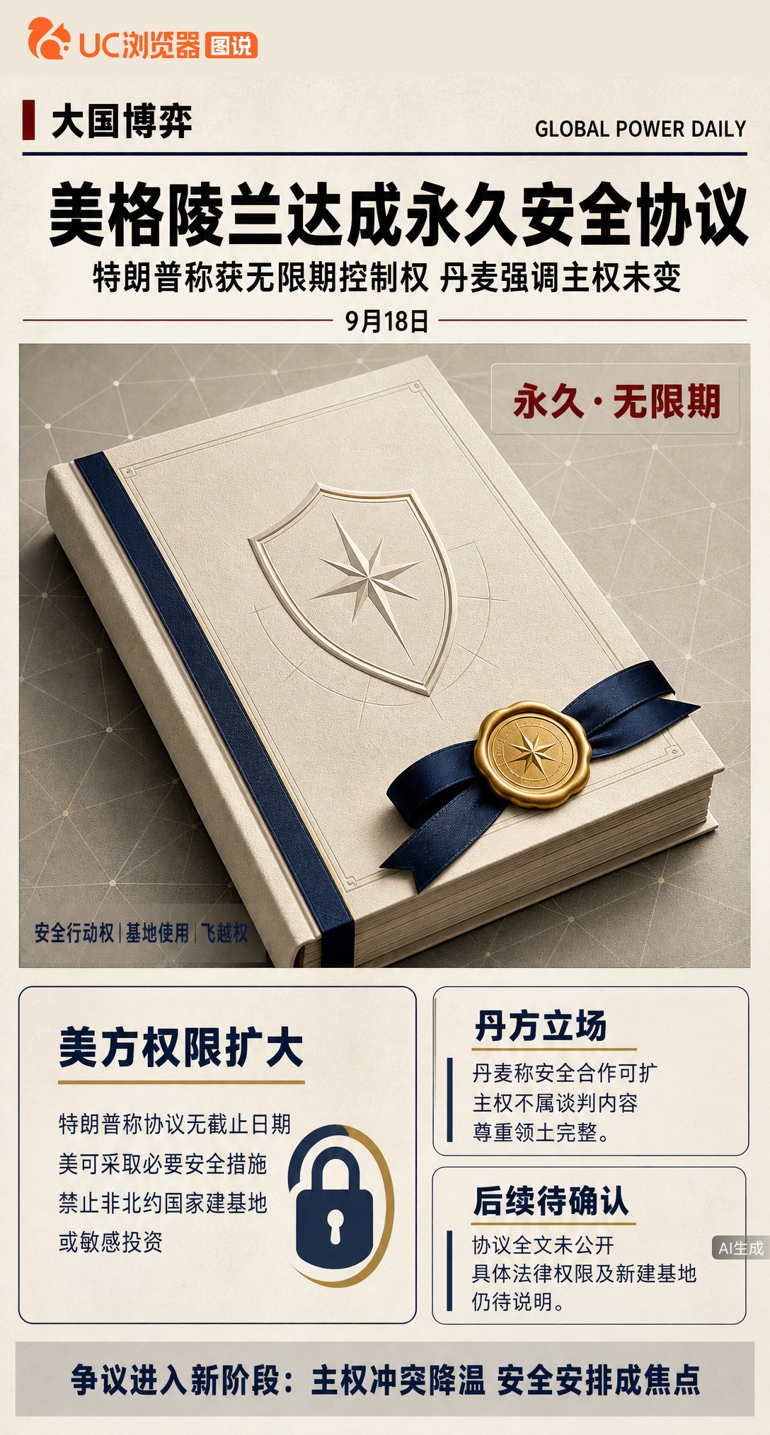 特朗普宣布与丹麦达成格陵兰协议，称获“永久控制权”。但丹方坚持主权不谈，协议全文也未公开。从想买岛到谈安全安排，这“控制权”到底包含啥，还得等文本落地才能看清。
