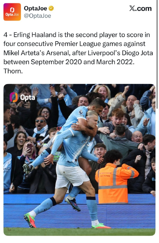 哈兰德也成为了继若塔（2020年9月-2022年3月）之后第二个面对阿尔特塔执教