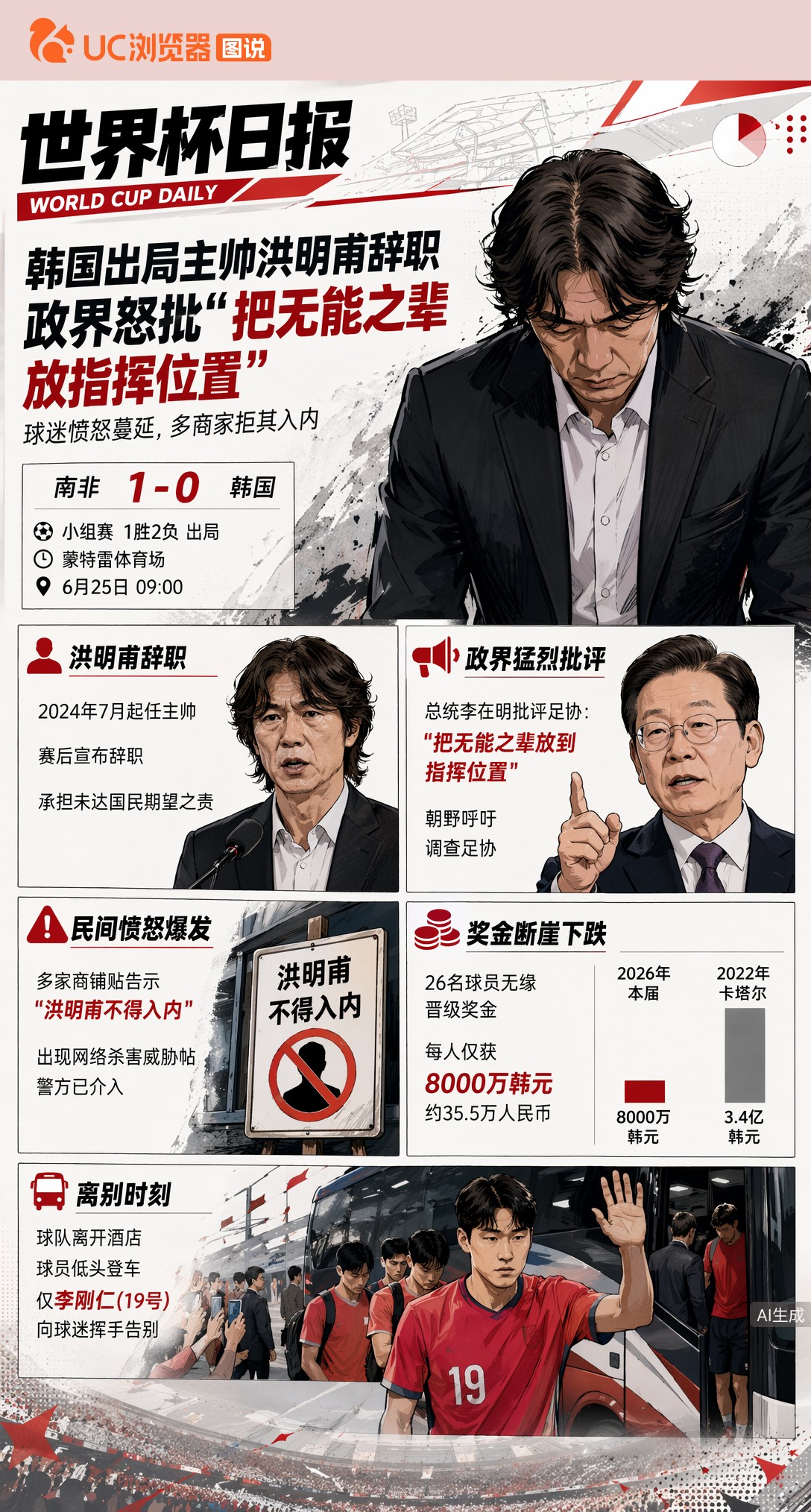 韩国出局主帅洪明甫辞职，政界怒批"把无能之辈放指挥位置"