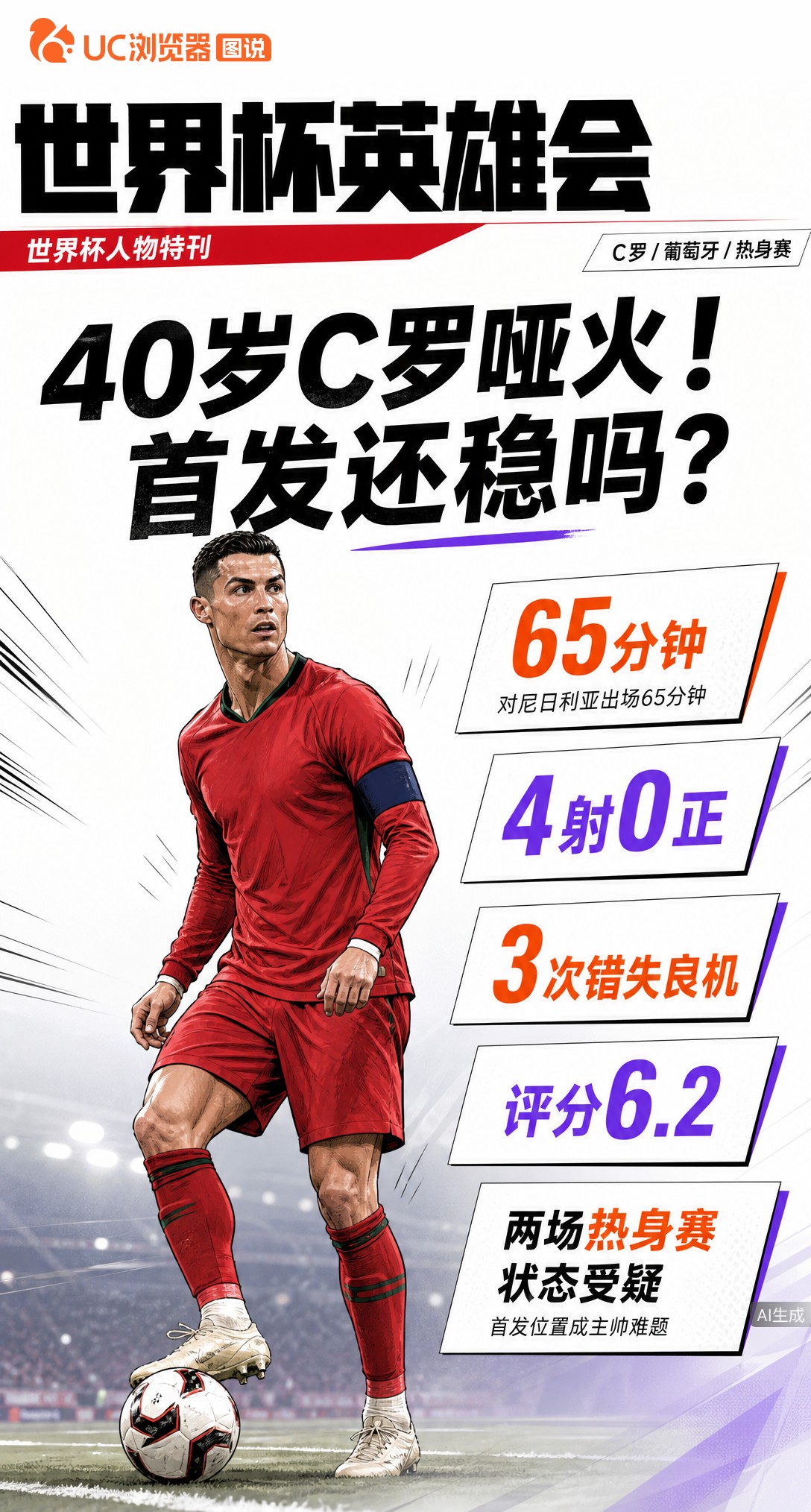 40岁C罗两场热身状态存疑，主力位置还守得住吗？