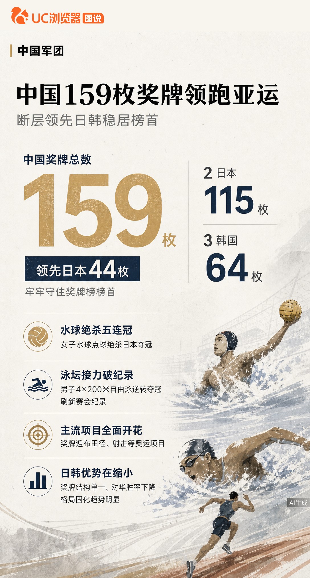 名古屋亚运奖牌榜：中国159枚断层领跑，领先日本44枚。女子水球点球绝杀实现五连冠，男子4×200自接力破纪录夺冠，金牌遍布田径射击等主流项目。