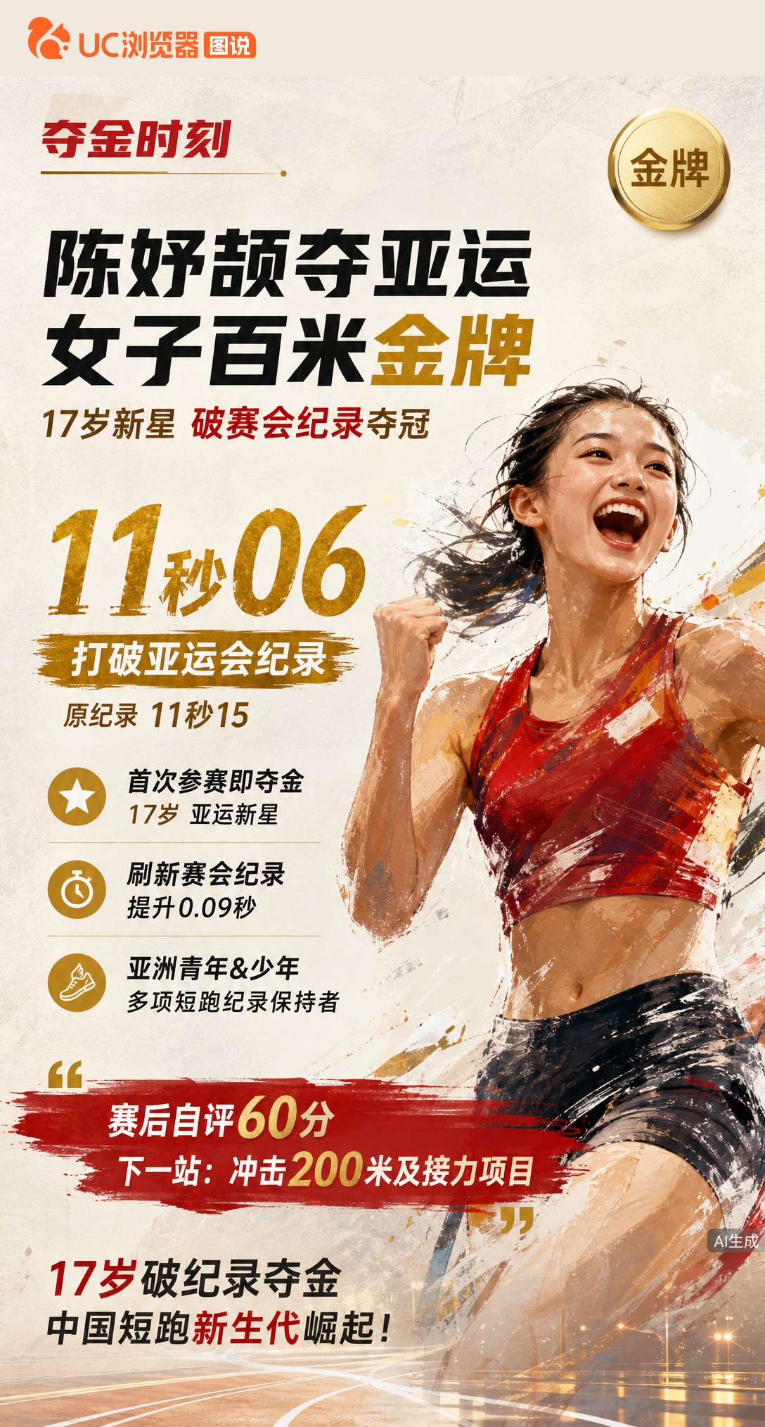 17岁陈妤颉名古屋亚运女子百米夺冠！11秒06大幅刷新赛会纪录，首次参赛即破纪录摘金。赛后自评仅60分，接下来还要冲击200米和接力。