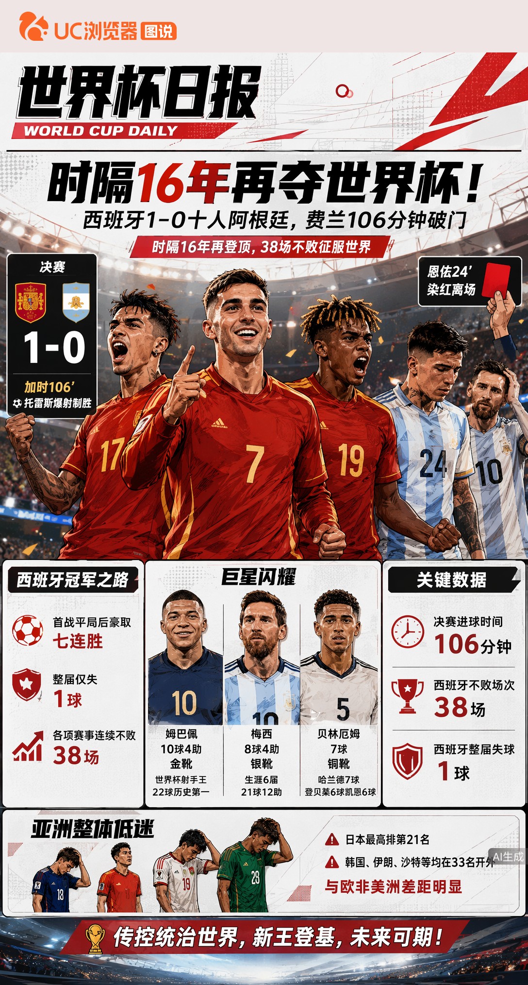 时隔16年再夺世界杯！西班牙1-0十人阿根廷，费兰106分钟破门