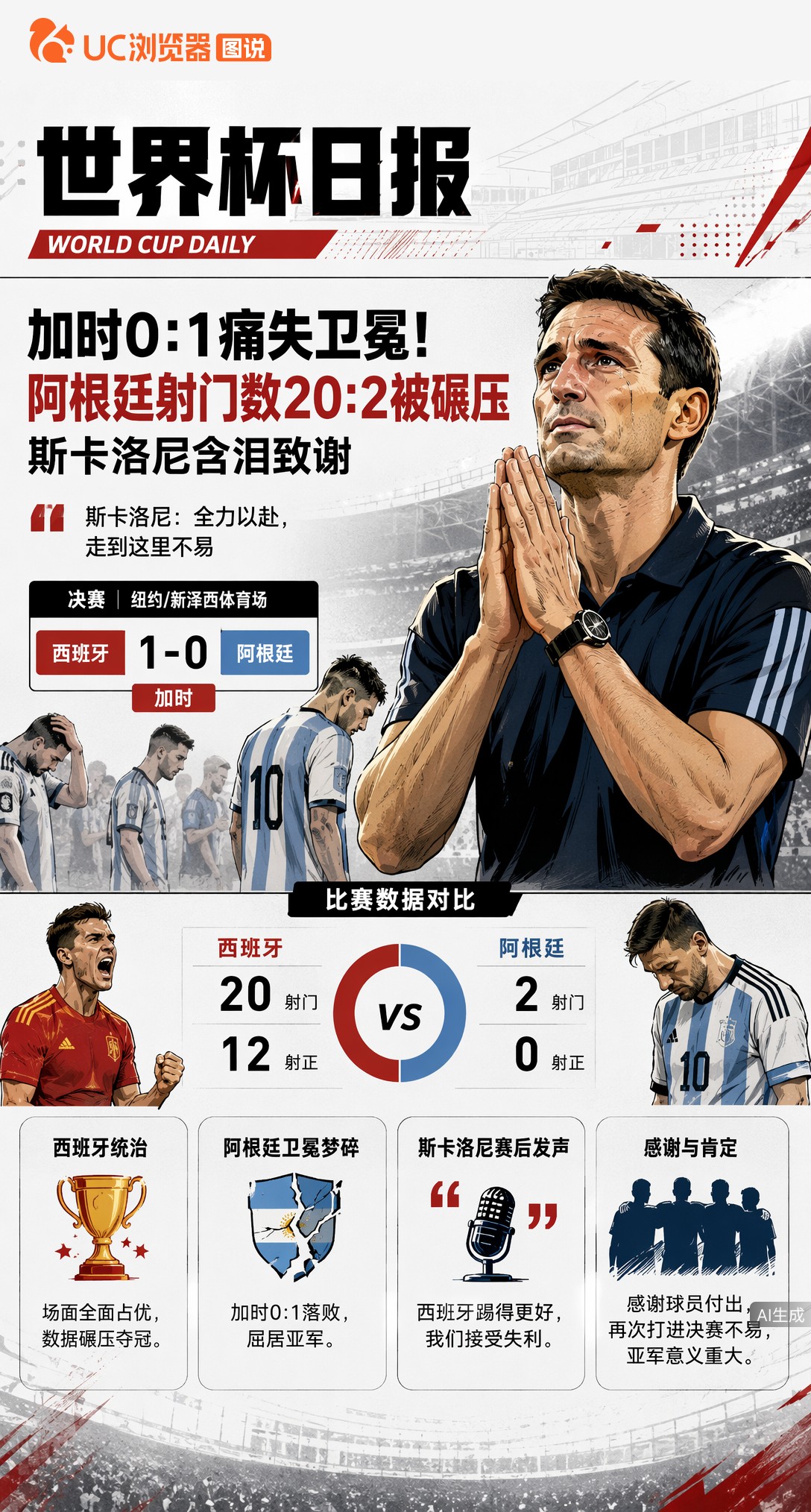 加时0:1痛失卫冕！阿根廷射门数20:2被碾压，斯卡洛尼含泪致谢