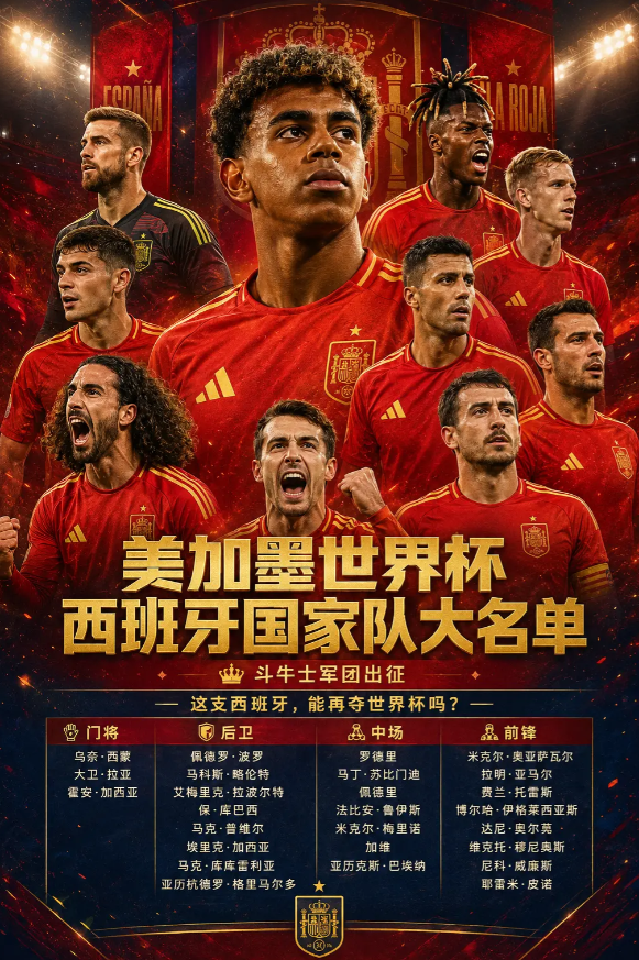 美加墨世界杯西班牙国家队大名单出炉！。西班牙这套阵容，真有点冠军相了。亚马尔、尼