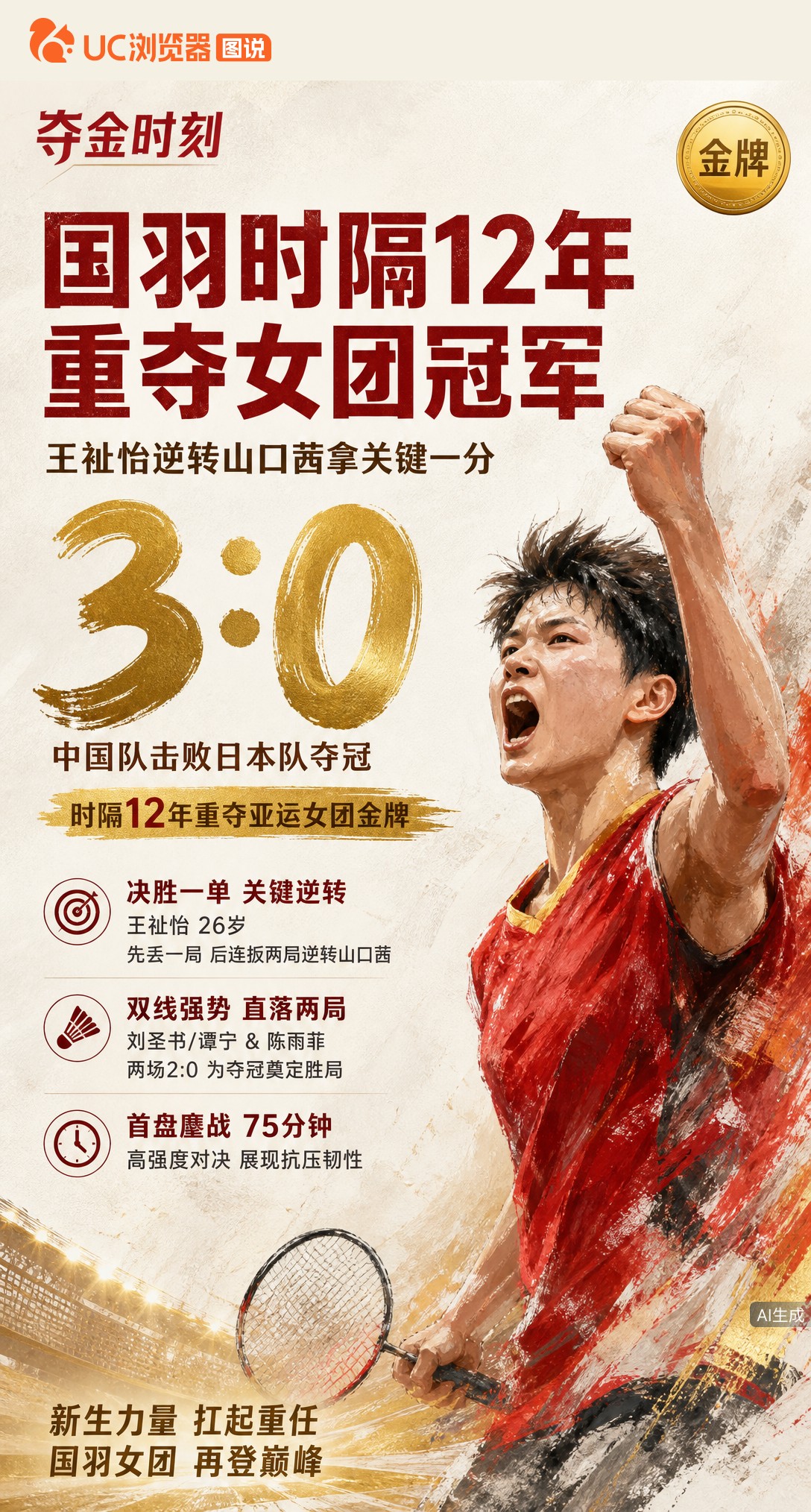国羽女团3-0横扫日本，时隔12年重夺亚运金牌！王祉怡先丢一局后连扳两局逆转山口茜，75分钟鏖战拿下关键一分。这枚金牌，赢在抗压。