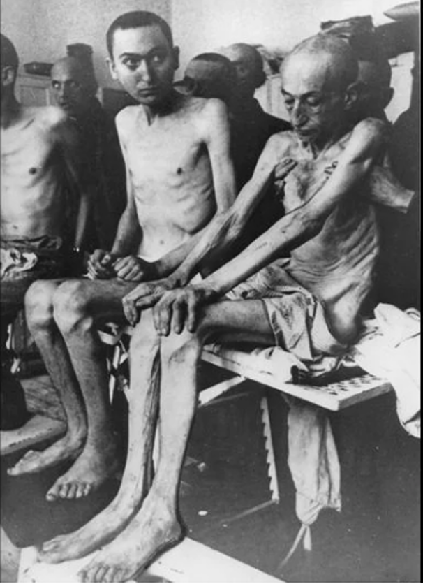 奥斯威辛集中营解放后，幸存者合影。一个个真的是骨瘦如柴。