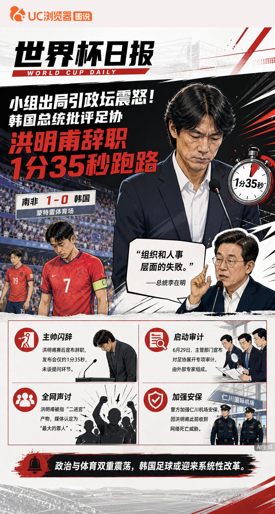 小组出局引政坛震怒！韩国总统批评足协，洪明甫辞职1分35秒跑路
