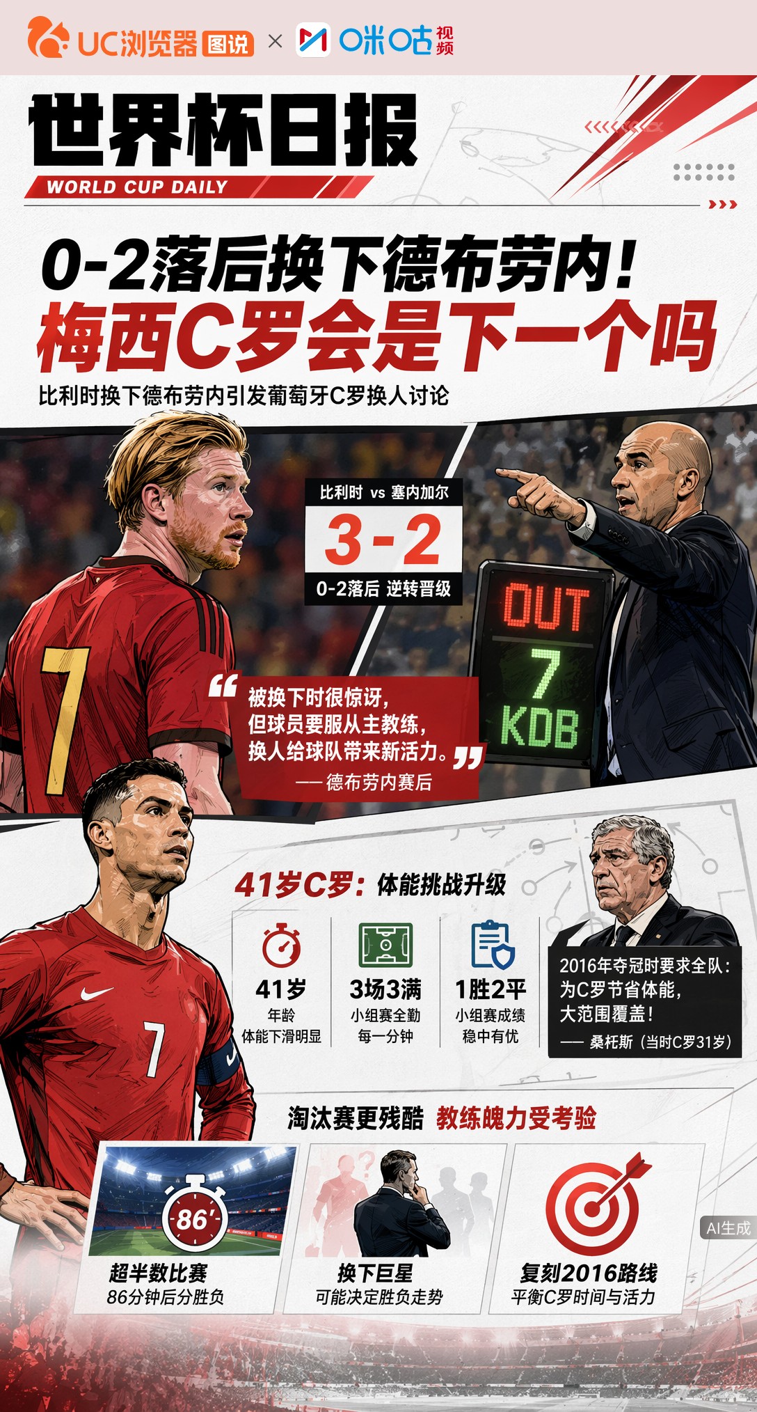 0-2落后换下德布劳内！梅西C罗会是下一个吗