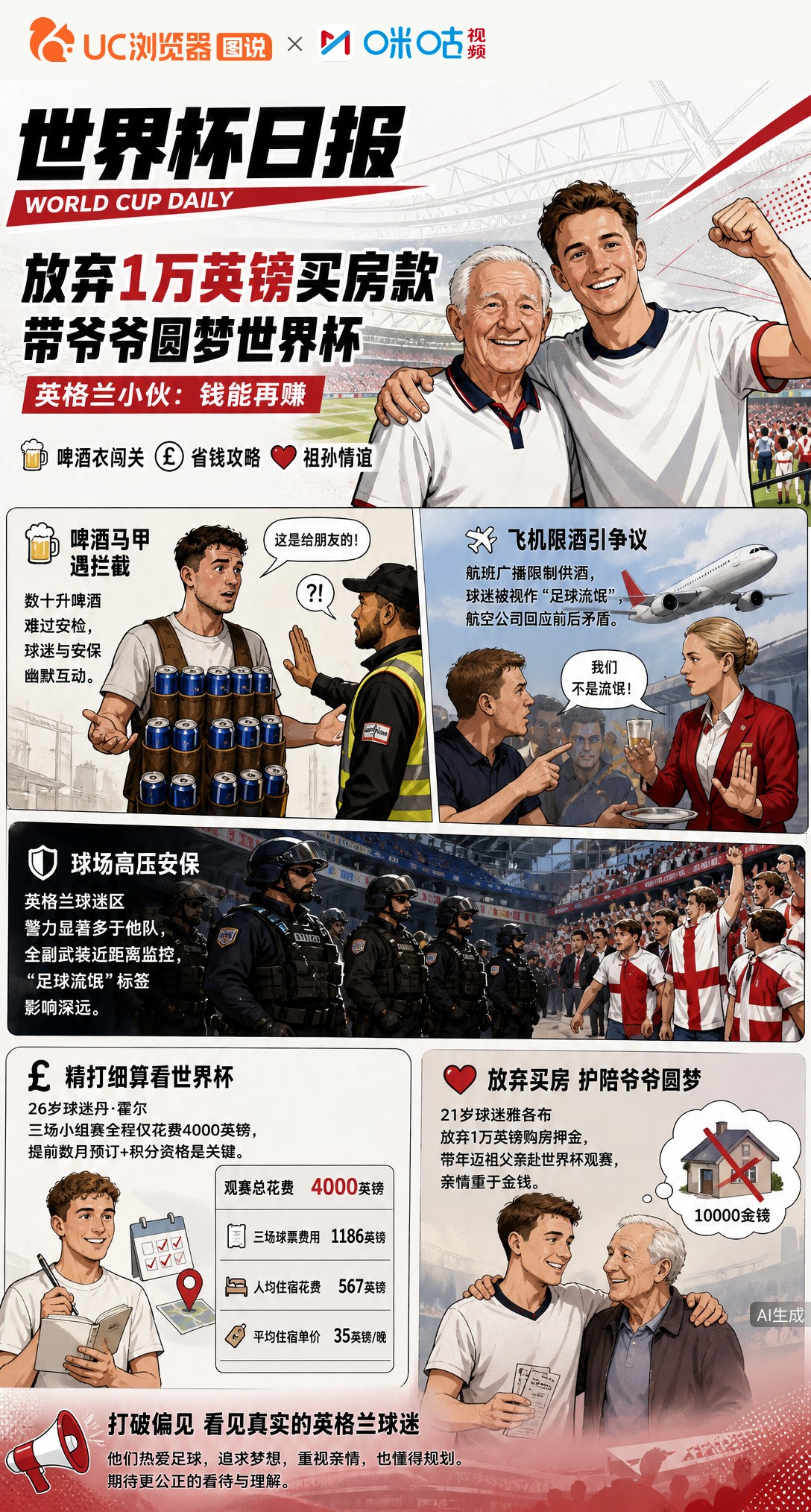 放弃1万英镑买房款带爷爷圆梦世界杯，英格兰小伙：钱能再赚