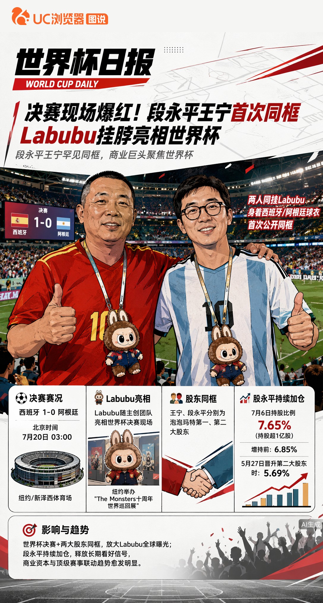 决赛现场爆红！段永平王宁首次同框，Labubu挂脖亮相世界杯