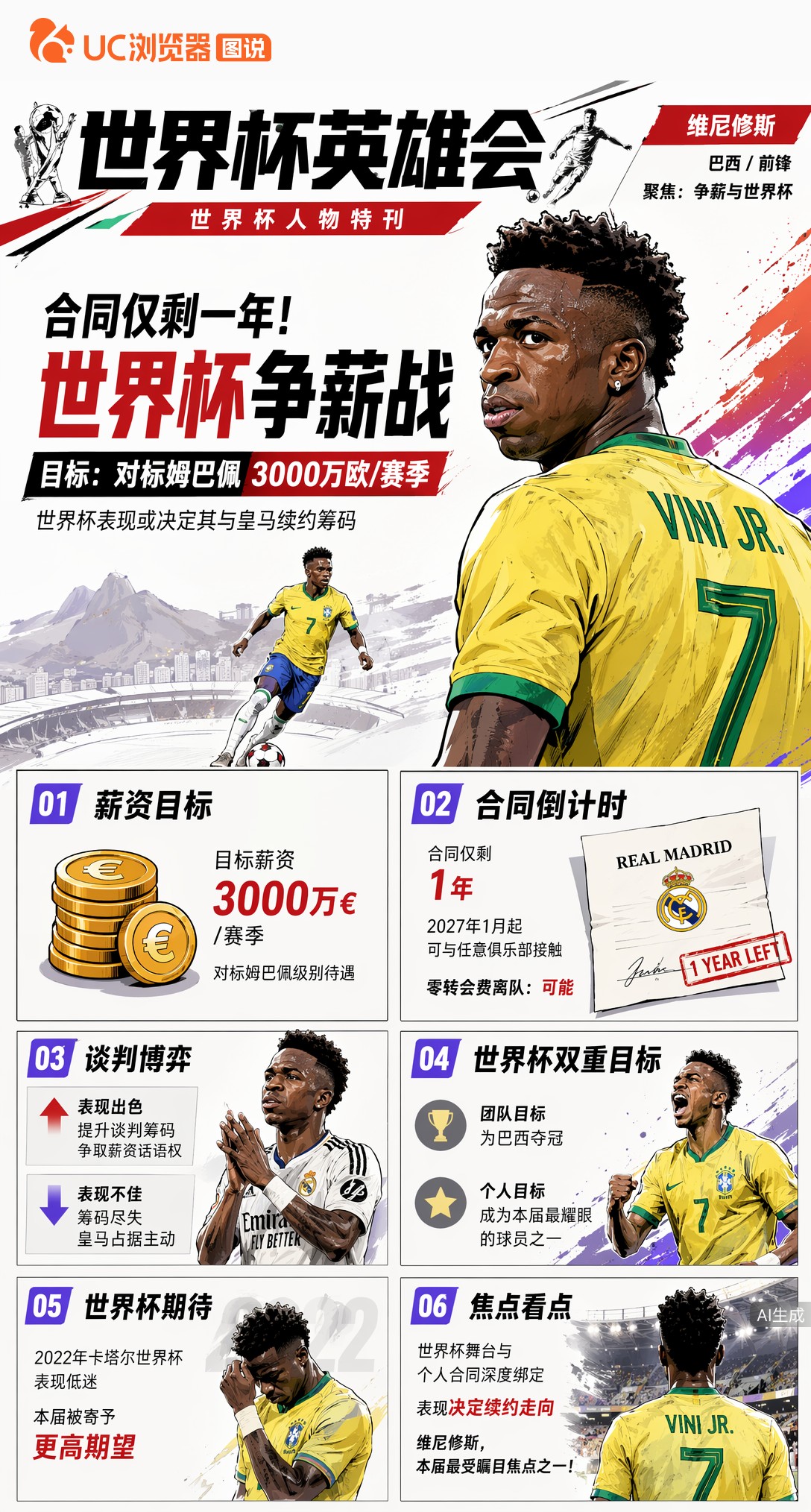 合同仅剩一年！维尼修斯世界杯争薪，剑指姆巴佩级3000万年薪