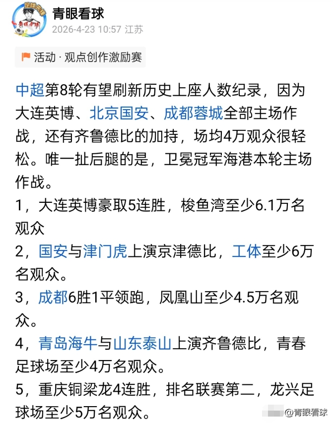 赛前我就预测，中超第8轮会刷新历史上座人数纪录