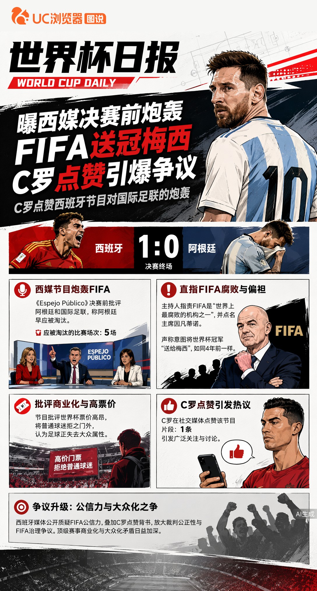 曝西媒决赛前炮轰FIFA送冠梅西，C罗点赞引爆争议