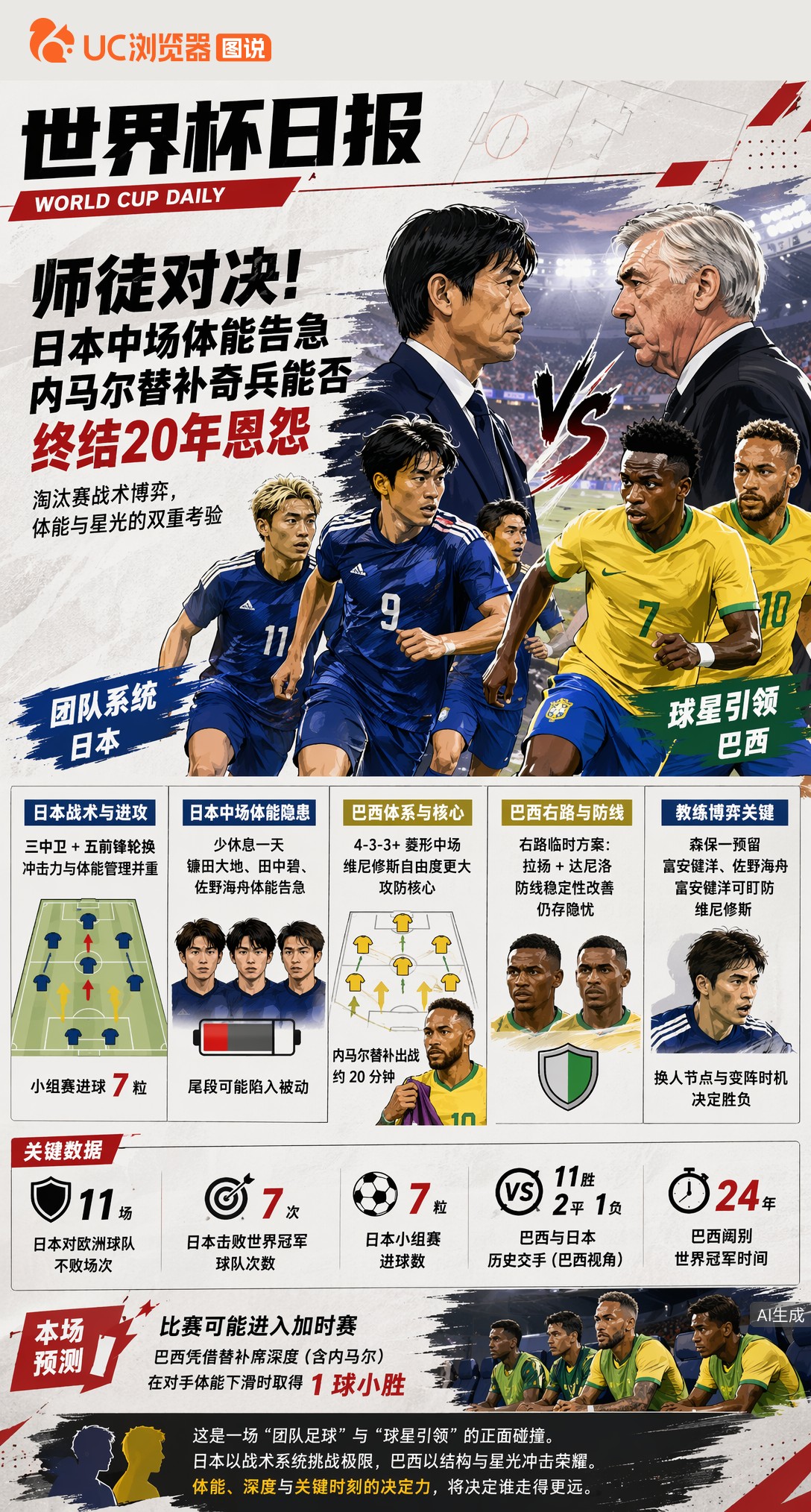 师徒对决！日本中场体能告急，巴西内马尔替补奇兵能否终结20年恩怨
