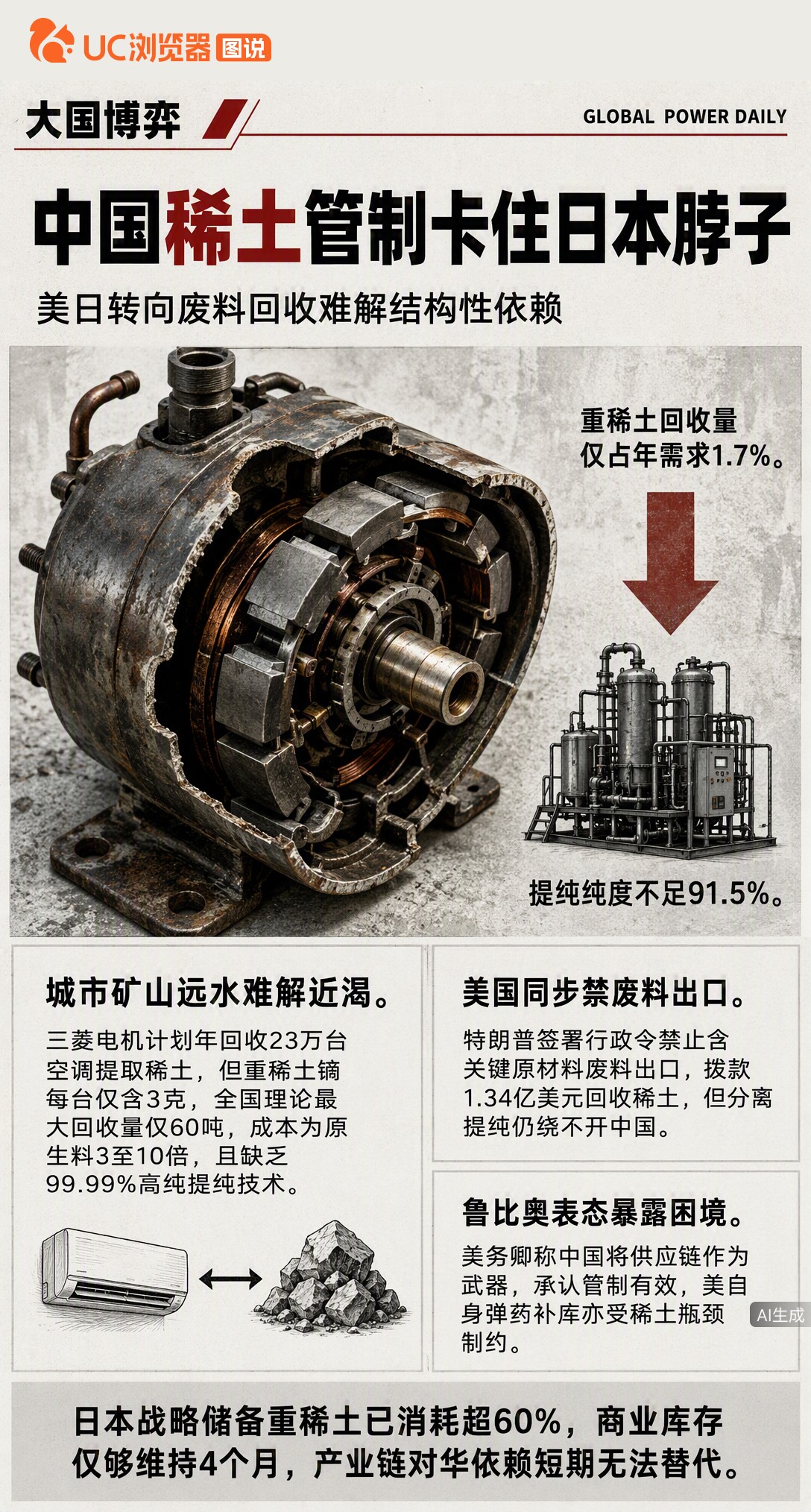 中国对日稀土出口锐减，美日转头拆空调、禁废料出口找补。但重稀土回收量杯水车薪，提纯技术还握在中国手里，鲁比奥急得公开喊话，这反应本身已说明问题。