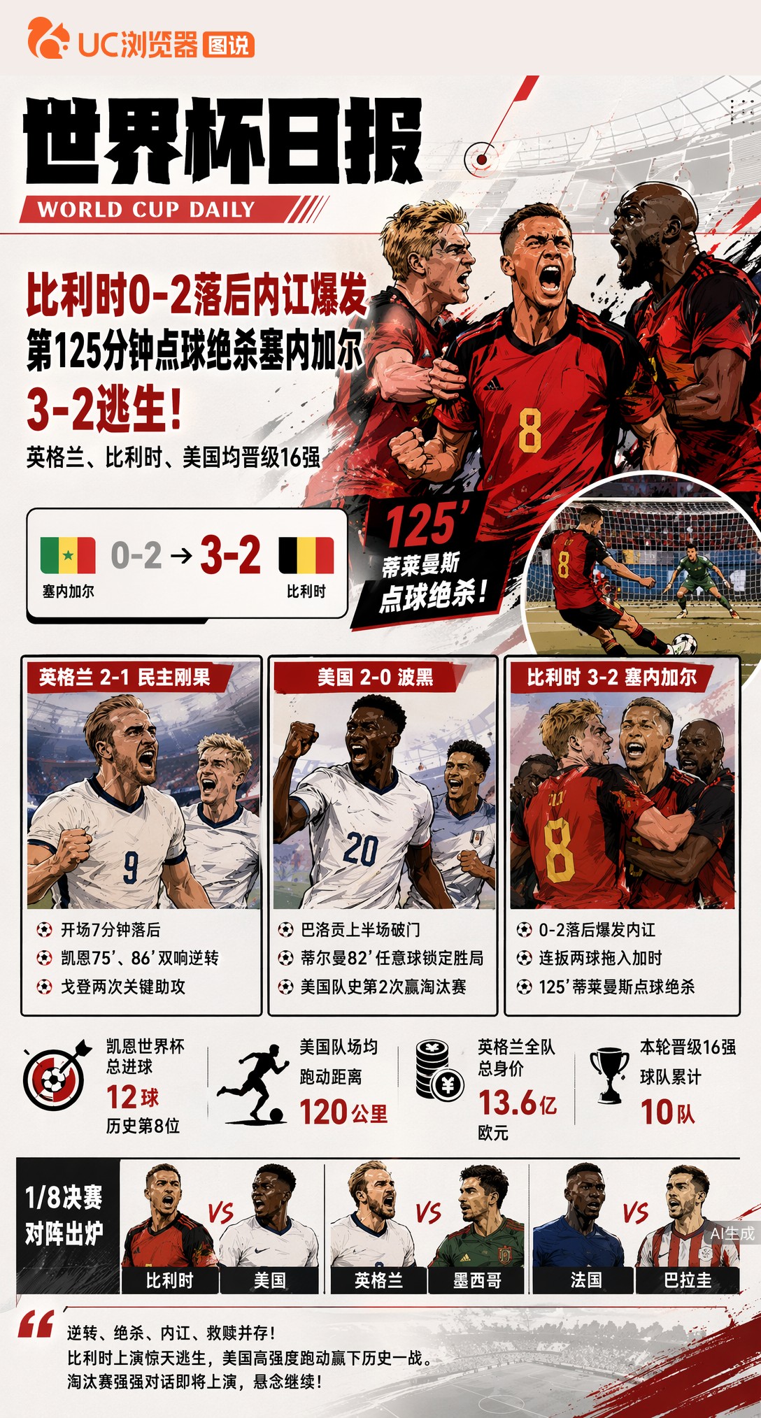 比利时0-2落后内讧爆发，第125分钟点球绝杀塞内加尔3-2逃生