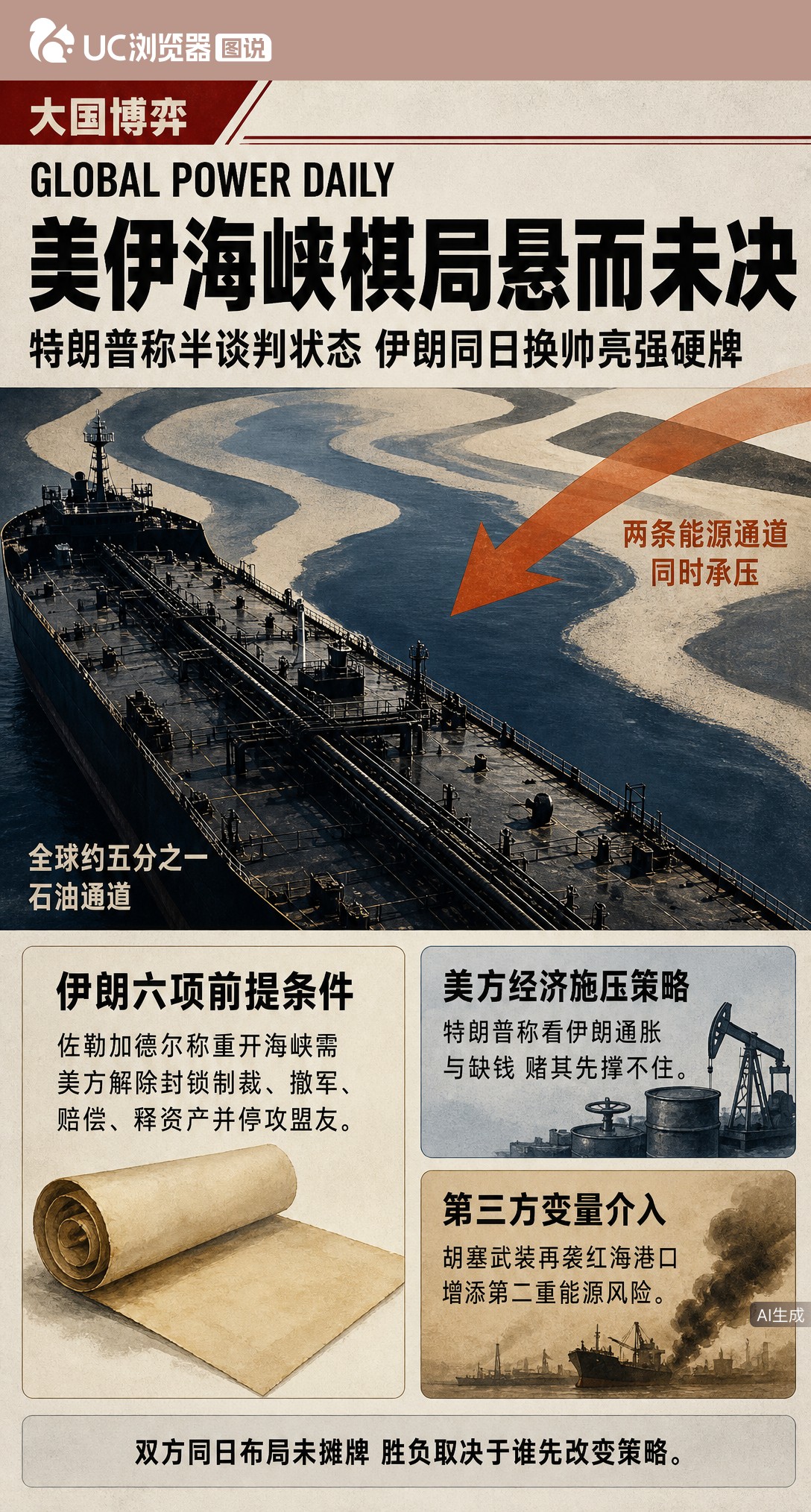 特朗普改口“低调处理”赌伊朗先撑不住，伊朗同天换帅并提重开海峡六项前提。美押经济牌、伊亮强硬牌，红海又添变数，这盘棋谁先眨眼？