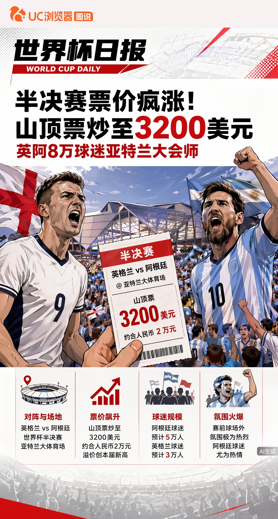 半决赛票价疯涨！山顶票炒至3200美元，英阿8万球迷亚特兰大会师