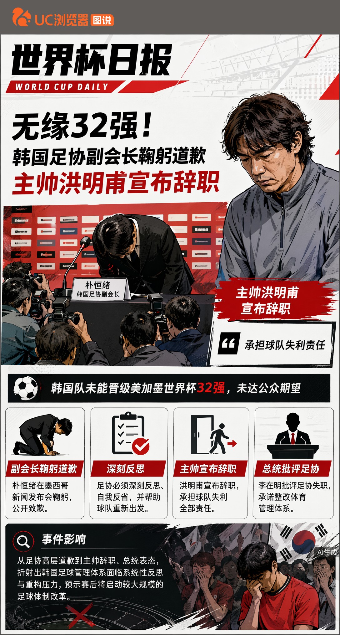 无缘32强！韩国足协副会长鞠躬道歉，主帅洪明甫宣布辞职