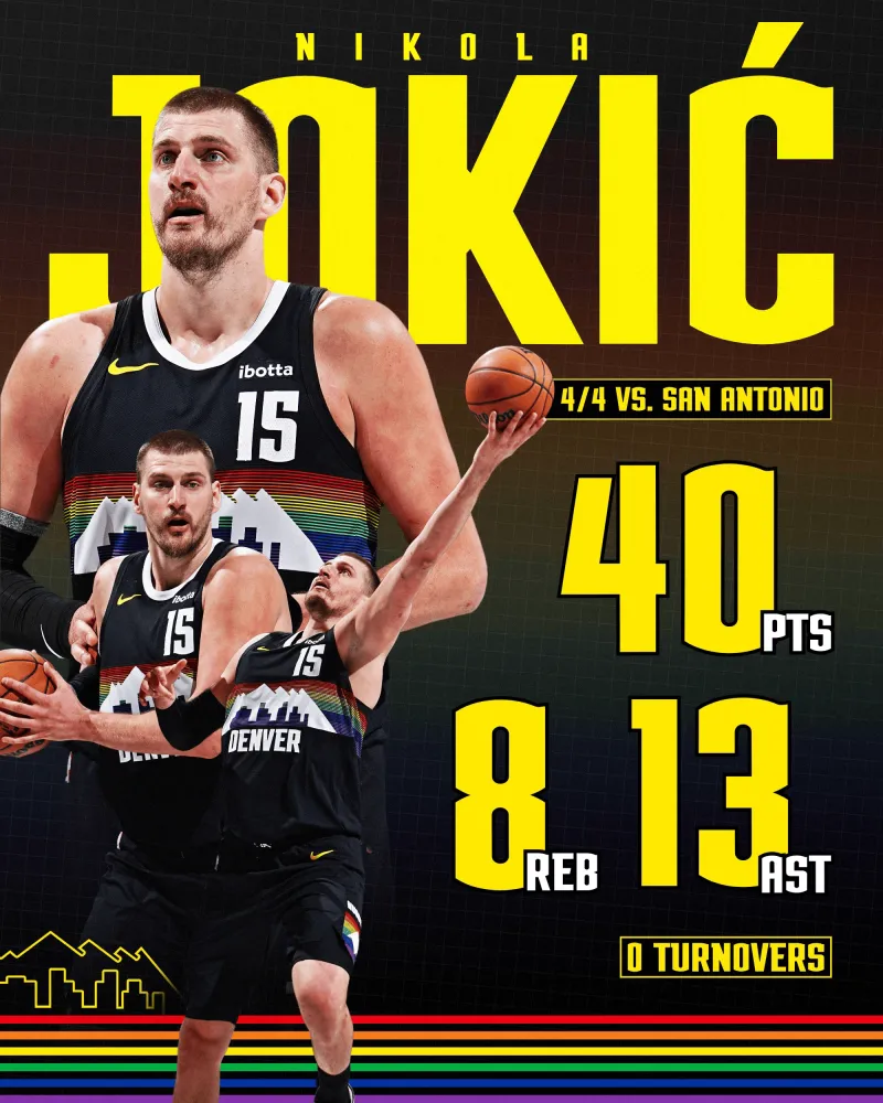 NBA常规赛掘金以136-134战胜马刺

本场比赛，掘金球员尼古拉-约基奇出战