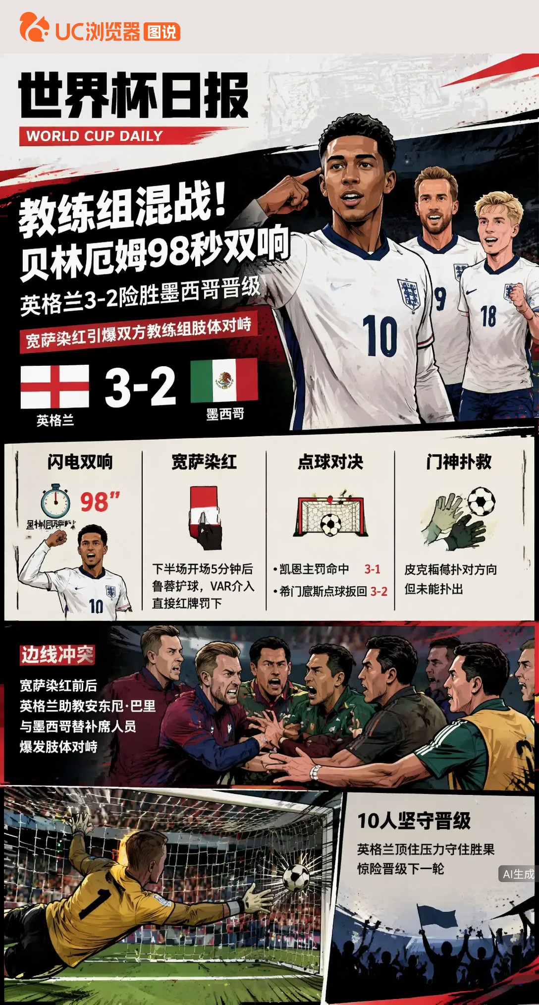 教练组混战！贝林厄姆98秒双响，英格兰3-2险胜墨西哥晋级