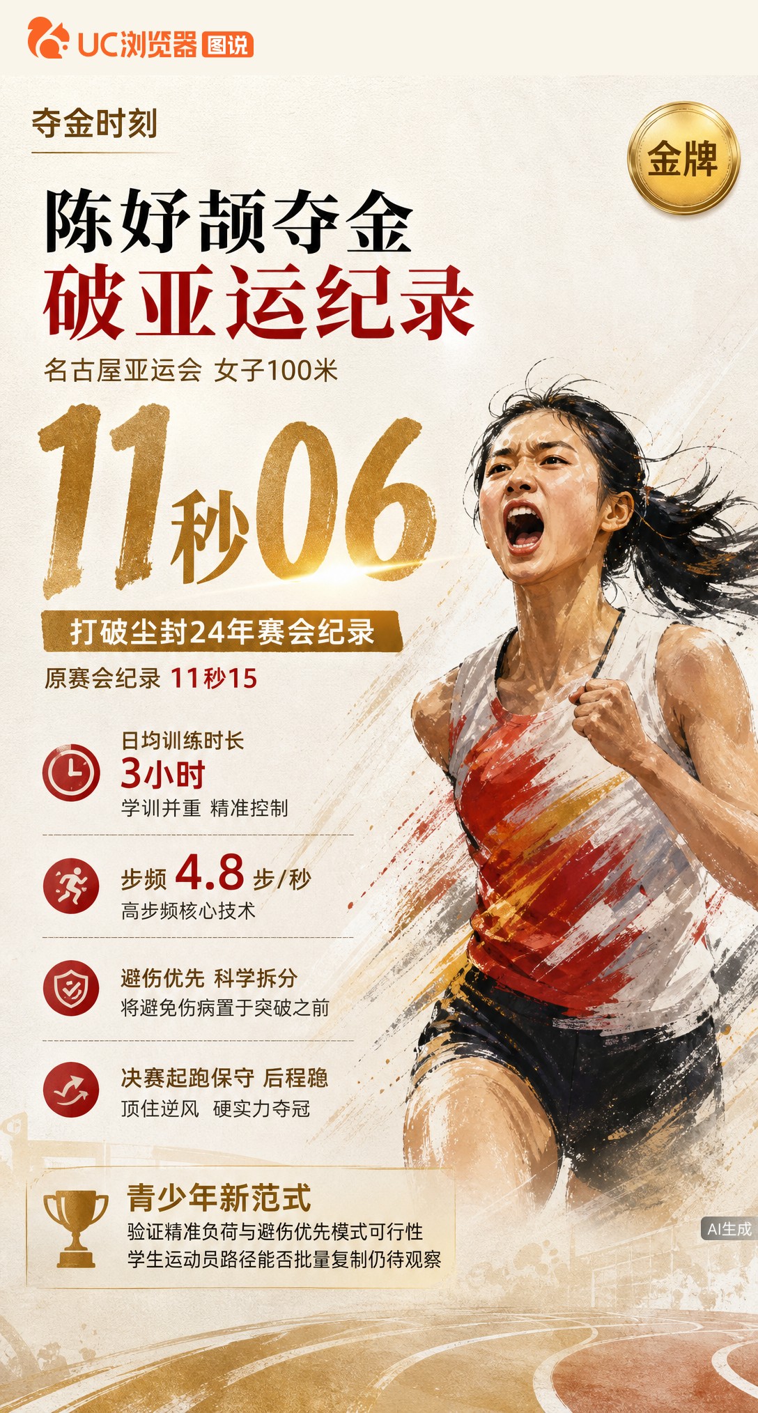 11秒06破亚运纪录！17岁陈妤颉夺女子百米金牌，作为高二学生每天只练3小时，凭硬实力顶住逆风刷新尘封24年赛会纪录。