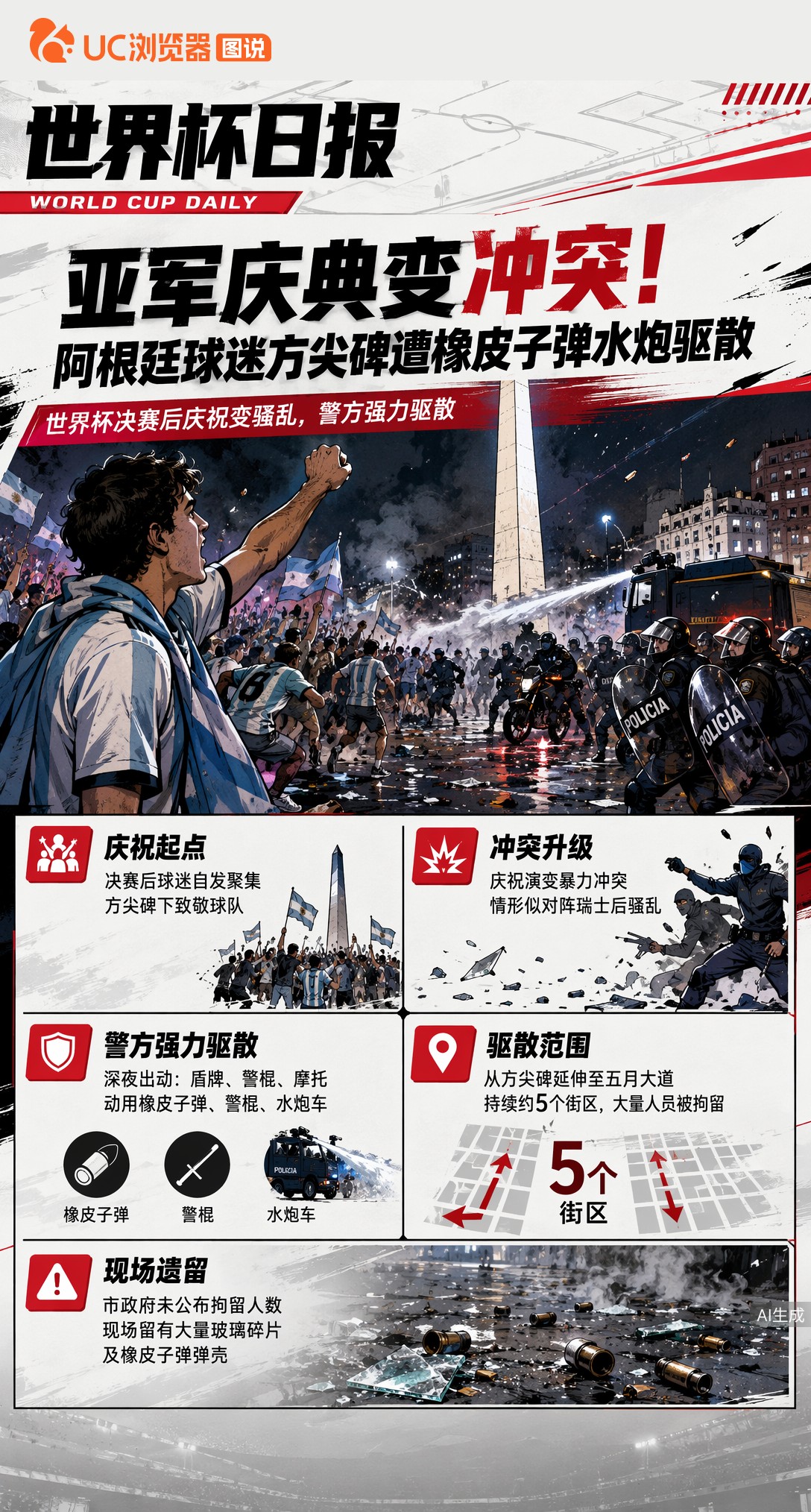 亚军庆典变冲突！阿根廷球迷方尖碑遭橡皮子弹水炮驱散