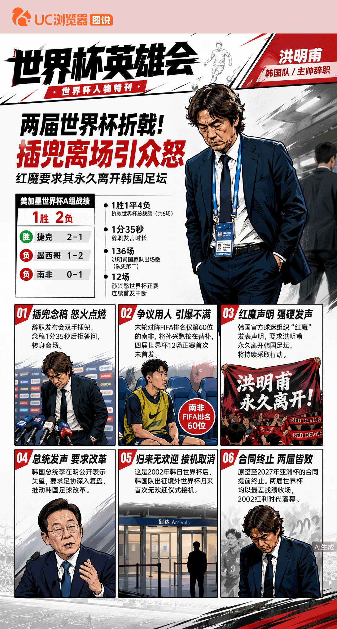 2002队长两度折戟世界杯！洪明甫插兜辞职，红魔要求他永久离开