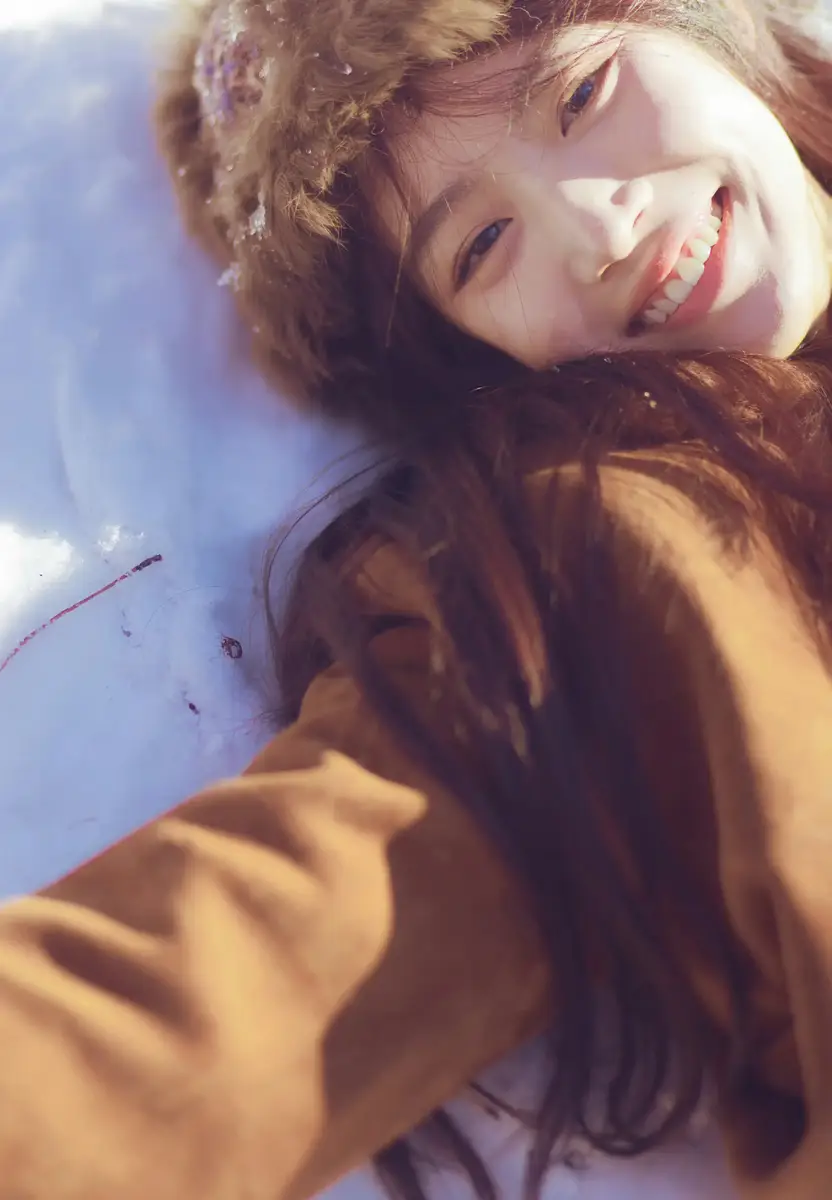 卢昱晓戴毛绒帽穿棕外套雪地漫步 明媚光影下发丝沾雪笑容治愈