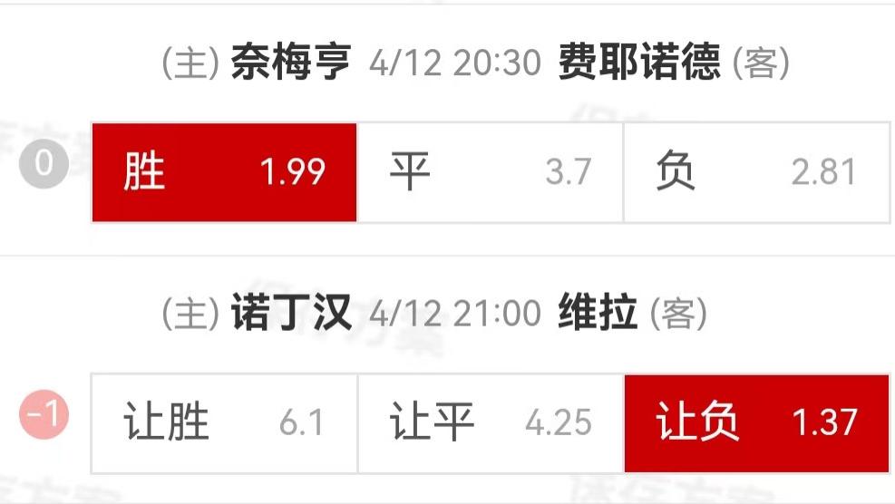 {一脚球}竞彩推荐：奈梅亨VS费耶诺德+诺丁汉森林VS阿斯顿维拉