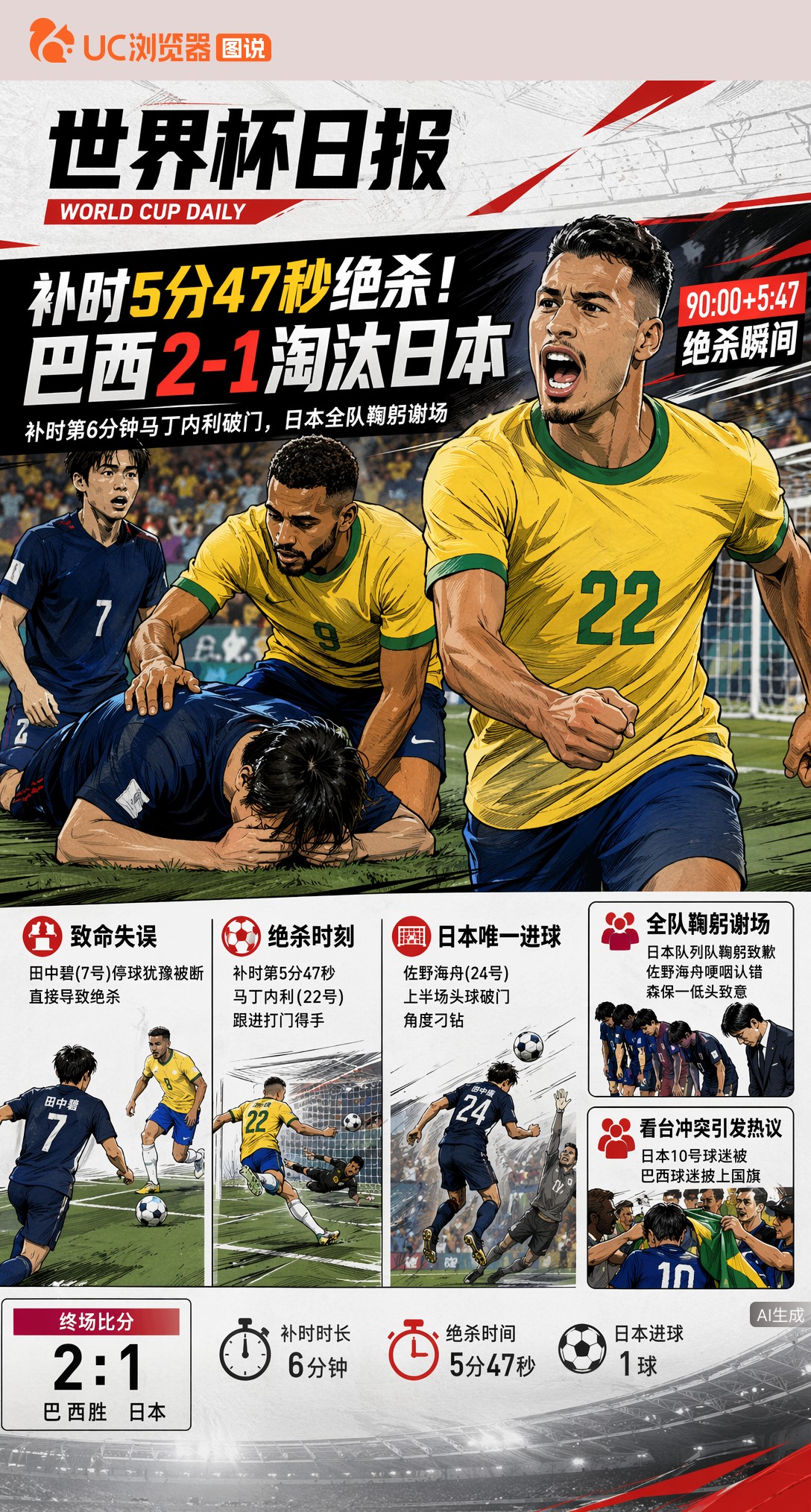 补时5分47秒绝杀！巴西2-1淘汰日本，田中碧瘫倒草皮泪崩