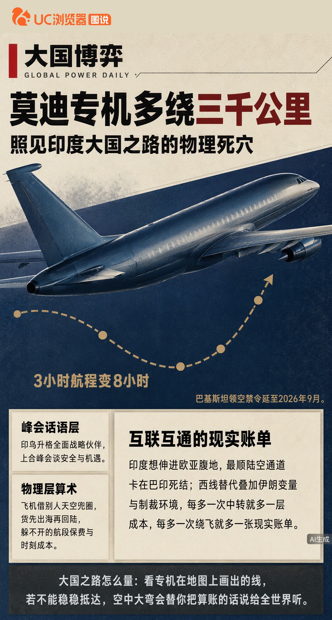 莫迪专机飞中亚据传多绕3000公里，只因巴基斯坦领空禁令未解。峰会谈互联互通，航迹却暴露现实：邻居关系不解开，大国路就得先付这笔绕飞账单。