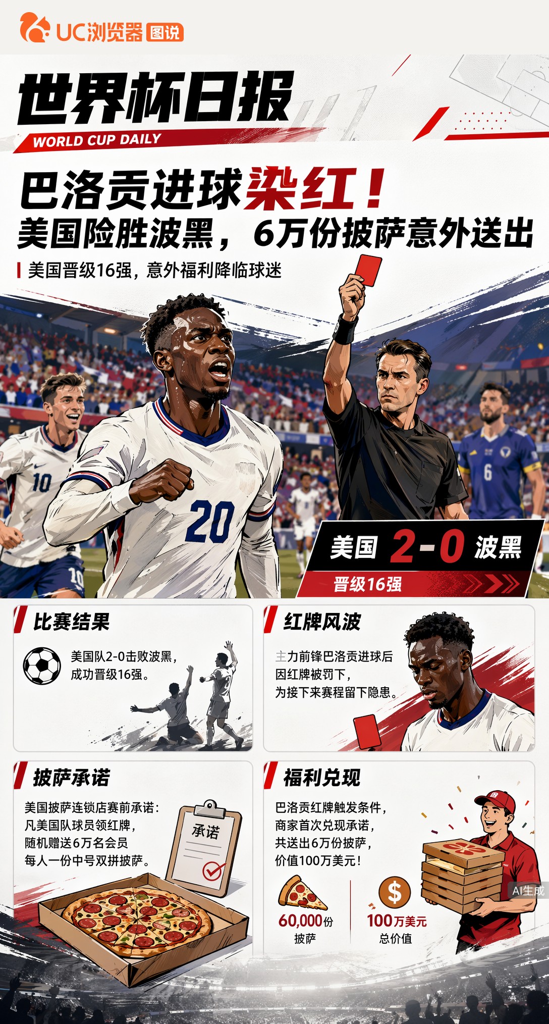 巴洛贡进球染红！美国险胜波黑，6万份披萨意外送出