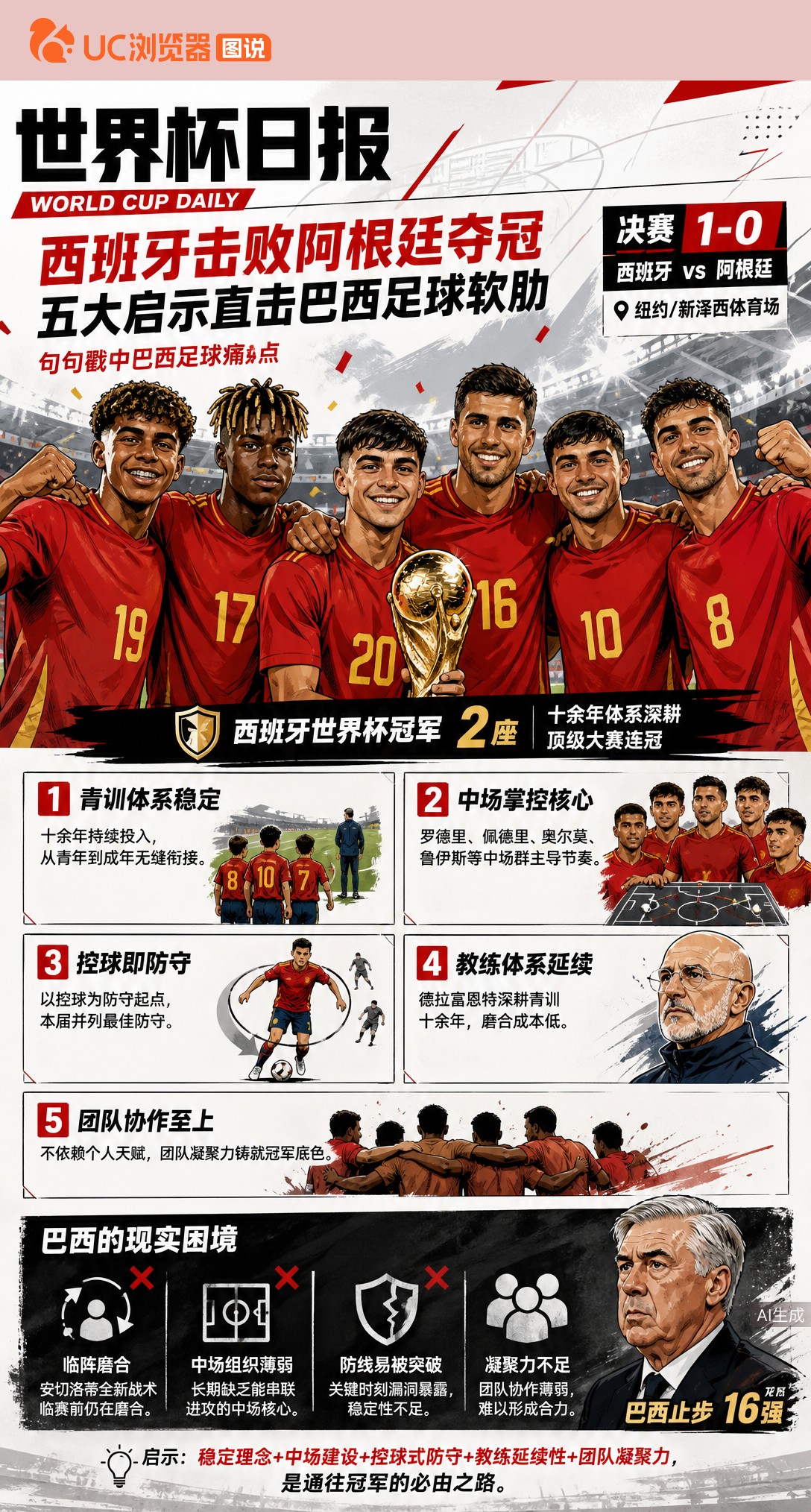 西班牙击败阿根廷夺冠，五大启示直击巴西足球软肋
