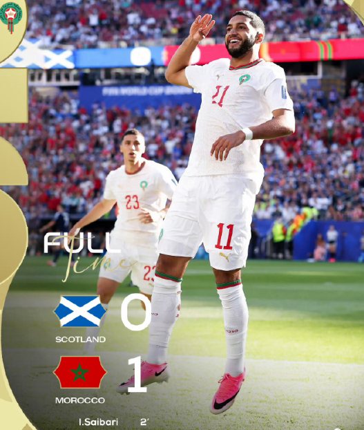 2026世界杯小组赛C组第2轮，苏格兰vs摩洛哥。

上半场摩洛哥1分钟闪电破门