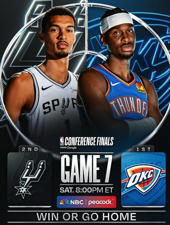 明日上午8点西部决赛抢七大战马刺将对阵雷霆。
NBA官方晒出海报为比赛预热：距离