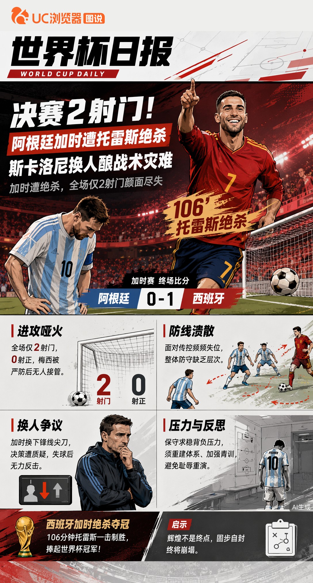 决赛2射门！阿根廷加时遭托雷斯绝杀，斯卡洛尼换人酿战术灾难