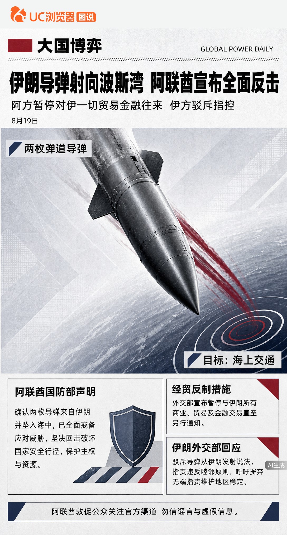 阿联酋称两枚伊朗导弹落入其海域，宣布全面戒备并暂停对伊贸易。伊朗随即驳斥，指其毫无根据并提及美以伪旗行动。双方各执一词，海上交通与地区信任正面临双重考验。