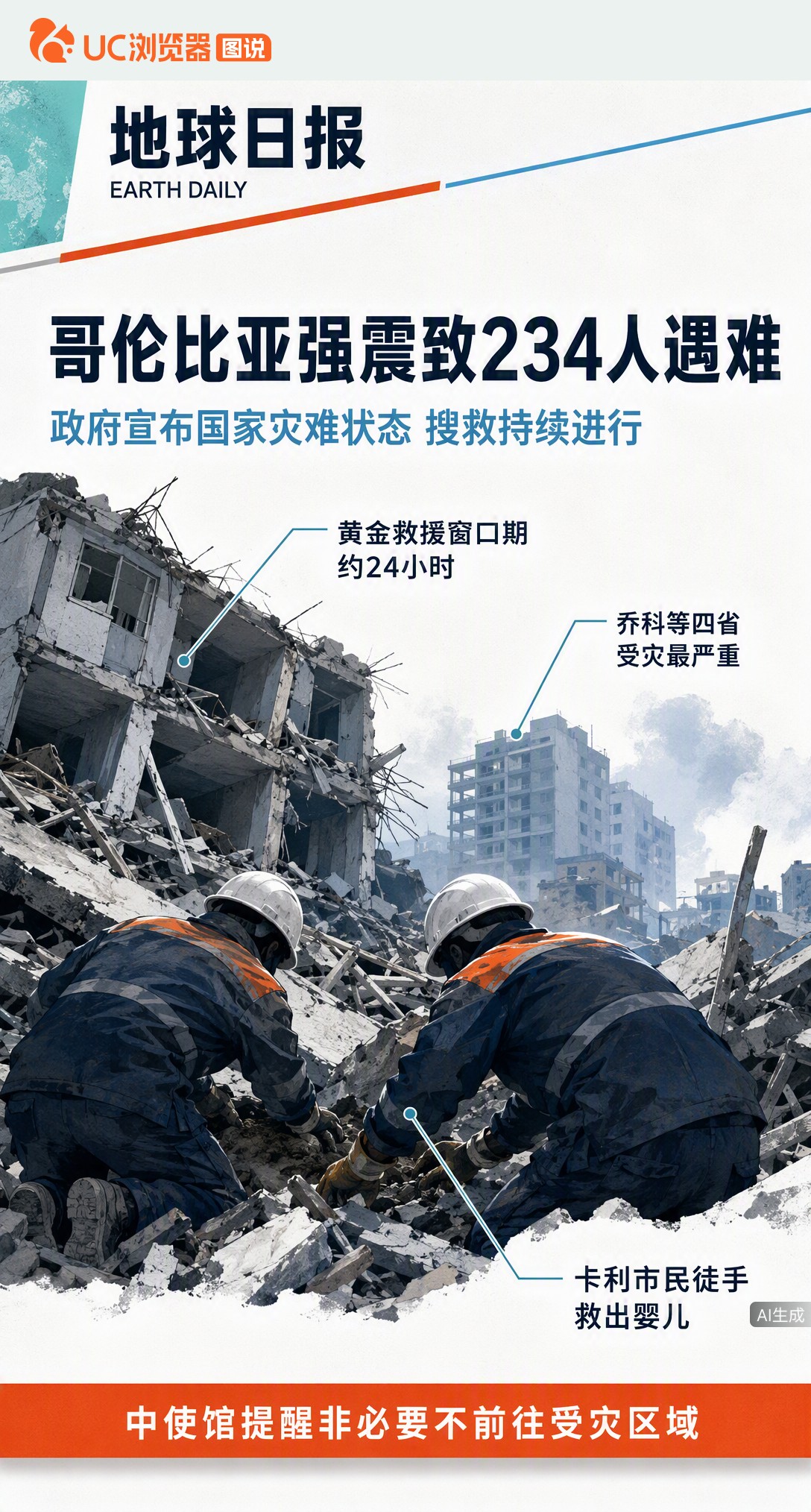 哥伦比亚7.5级强震致234人遇难，救援仍在抢黄金窗口。中使馆提醒非必要不前往灾区，在哥同胞建议在“中国领事”APP登记，以便及时获得协助。