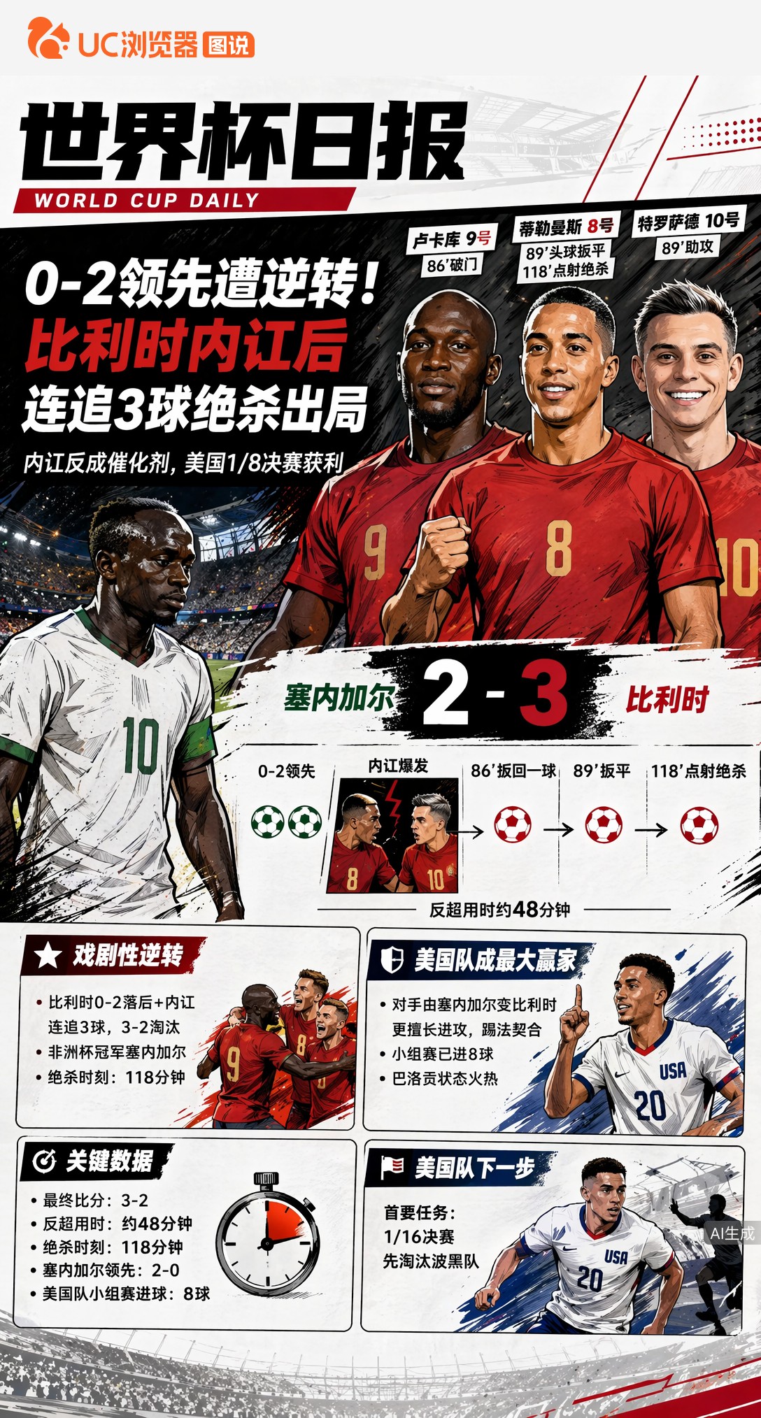 0-2领先遭逆转！马内塞内加尔被比利时内讧后连追3球绝杀出局