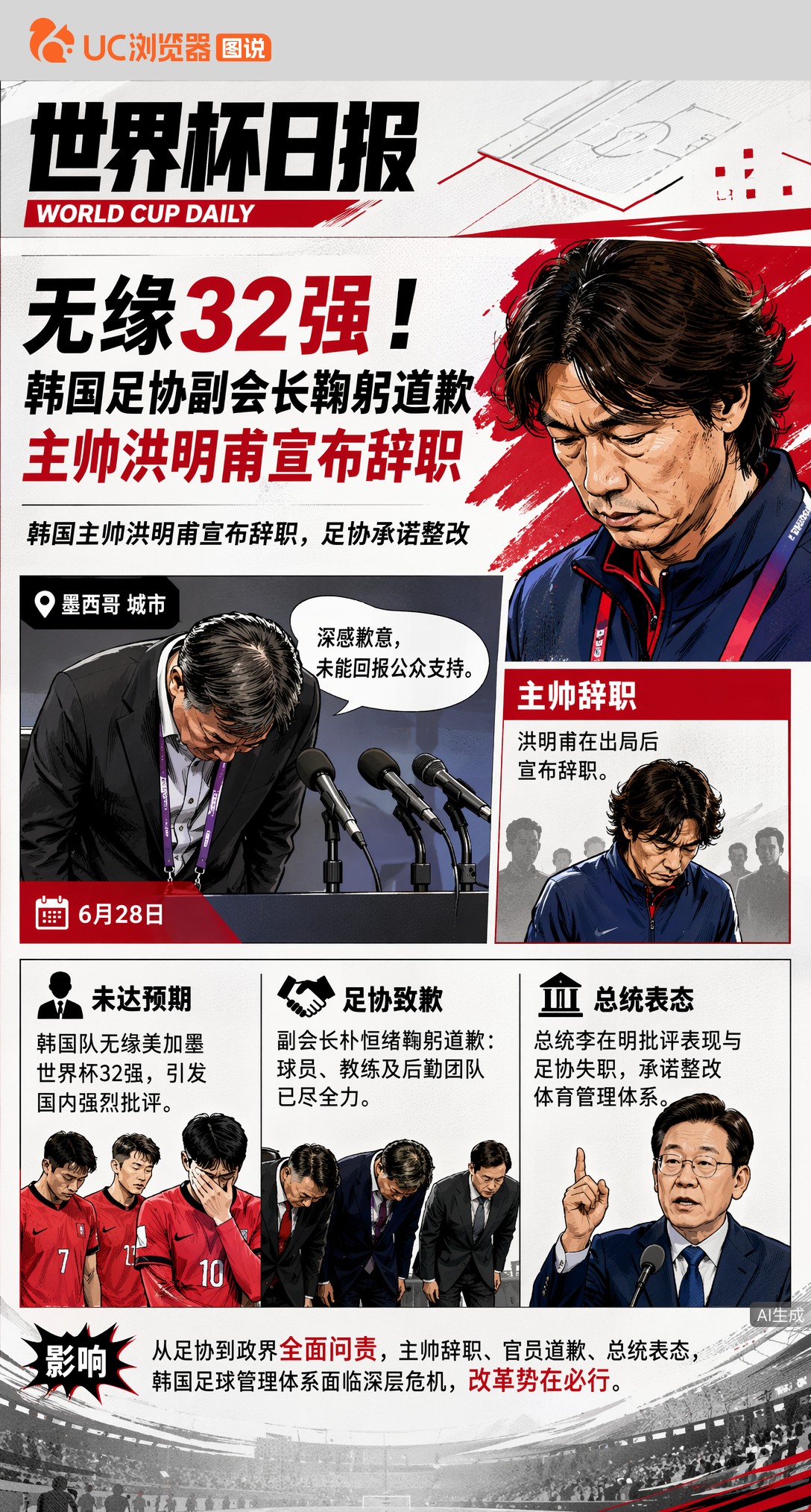 无缘32强！韩国足协副会长鞠躬道歉，主帅洪明甫宣布辞职