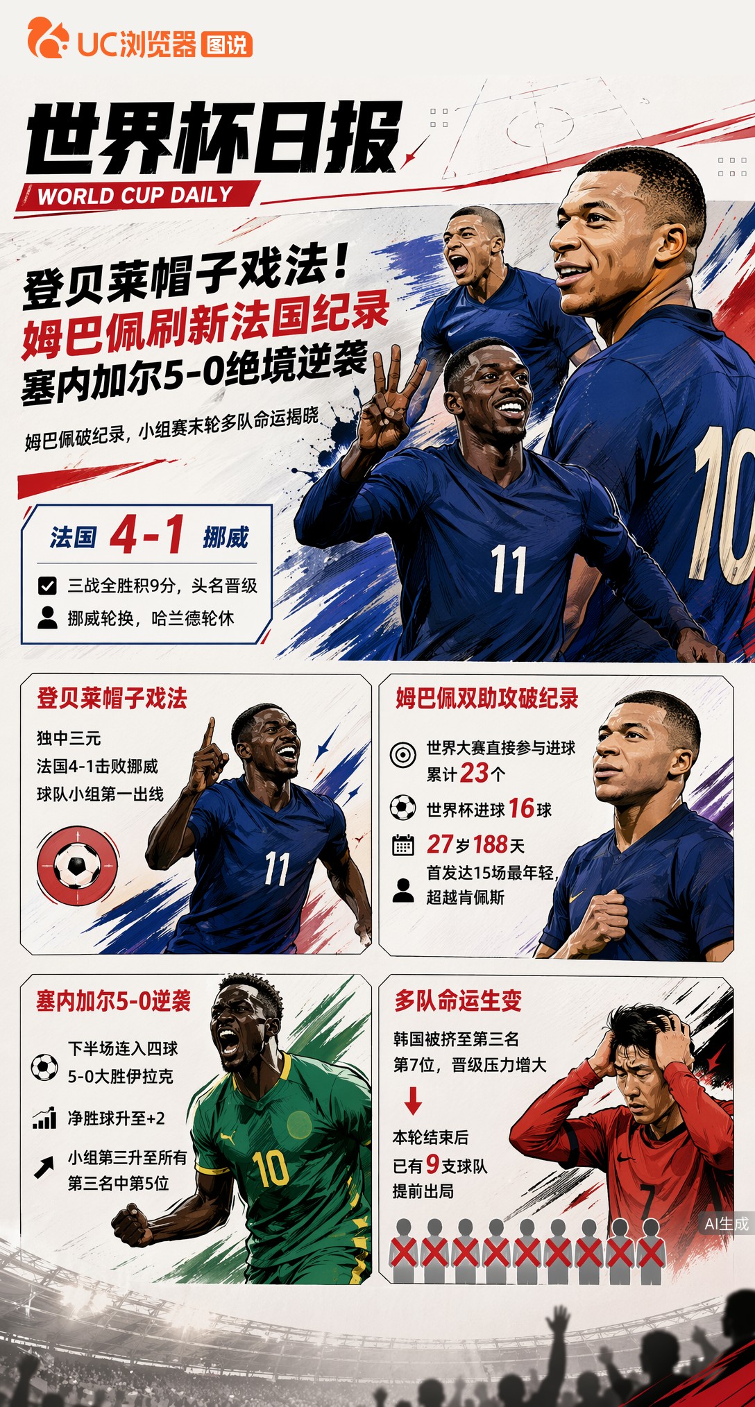 登贝莱帽子戏法！姆巴佩刷新法国纪录，塞内加尔5-0绝境逆袭