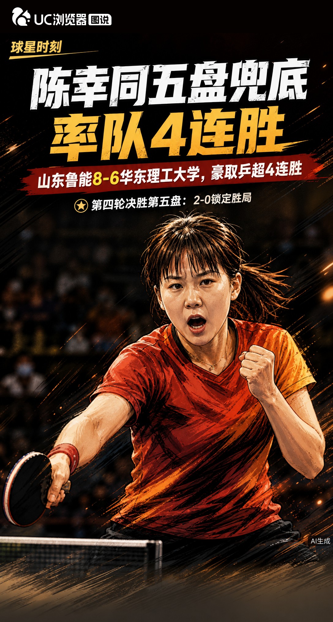 王曼昱缺阵，29岁陈幸同成了山东鲁能定海神针！乒超4连胜多次兜底救主，6胜1负扛大旗，正冲击个人第五冠。