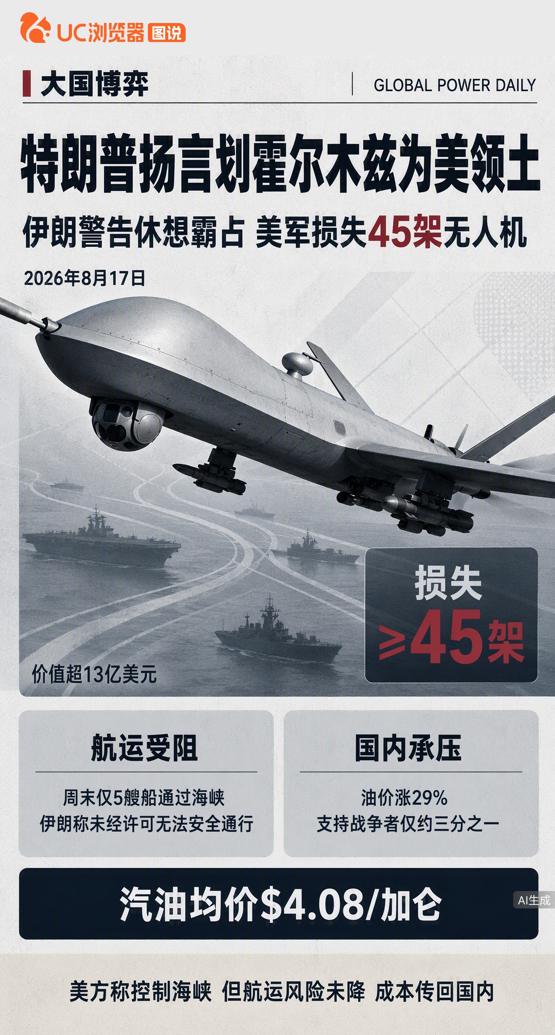 特朗普扬言把霍尔木兹海峡划为美国领土，但美军已损失45架无人机，周末仅5艘船通过海峡。国内支持率仅三成，油价却涨29%，这表态更像是在给中期选举找补。