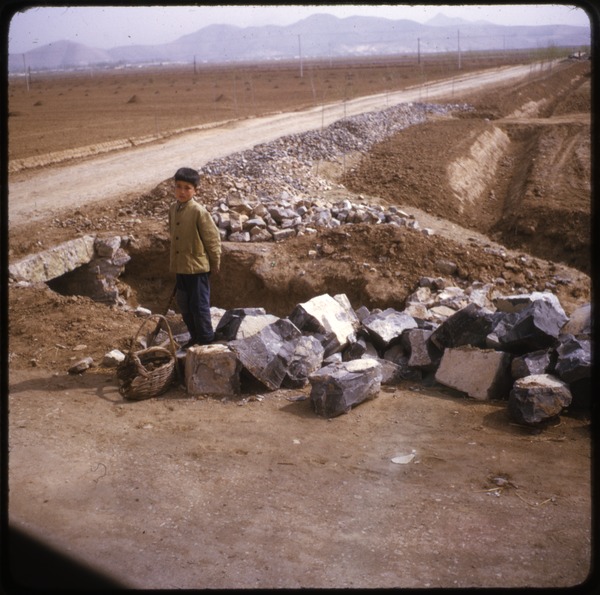 1974年4月，捡粪的男孩拿着篮子 。