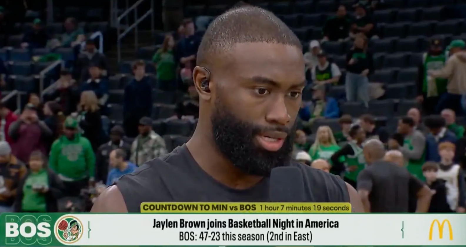 NBA常规赛，凯尔特人将对阵森林狼。
杰伦-布朗在接受采访时谈及在塔图姆复出前，