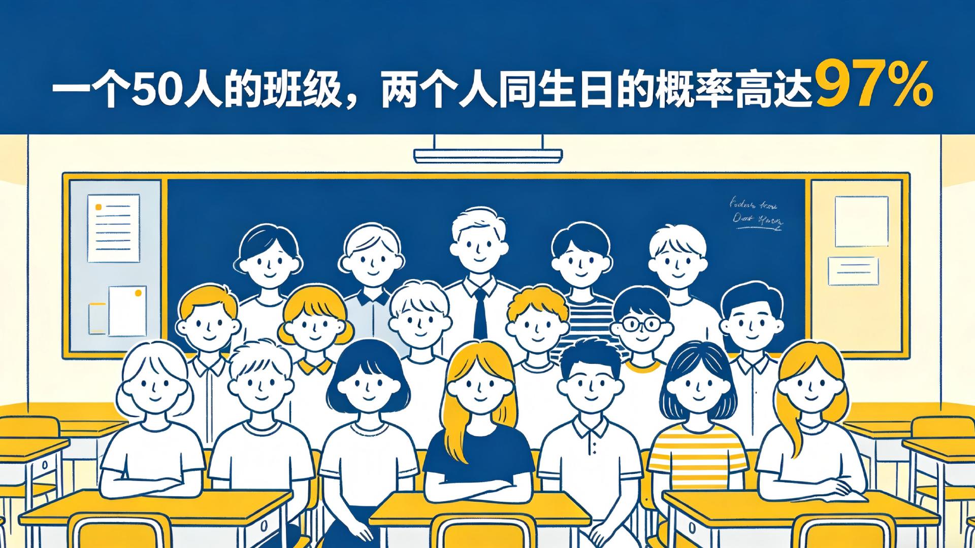 50人班级，两人生日相同概率高达97%